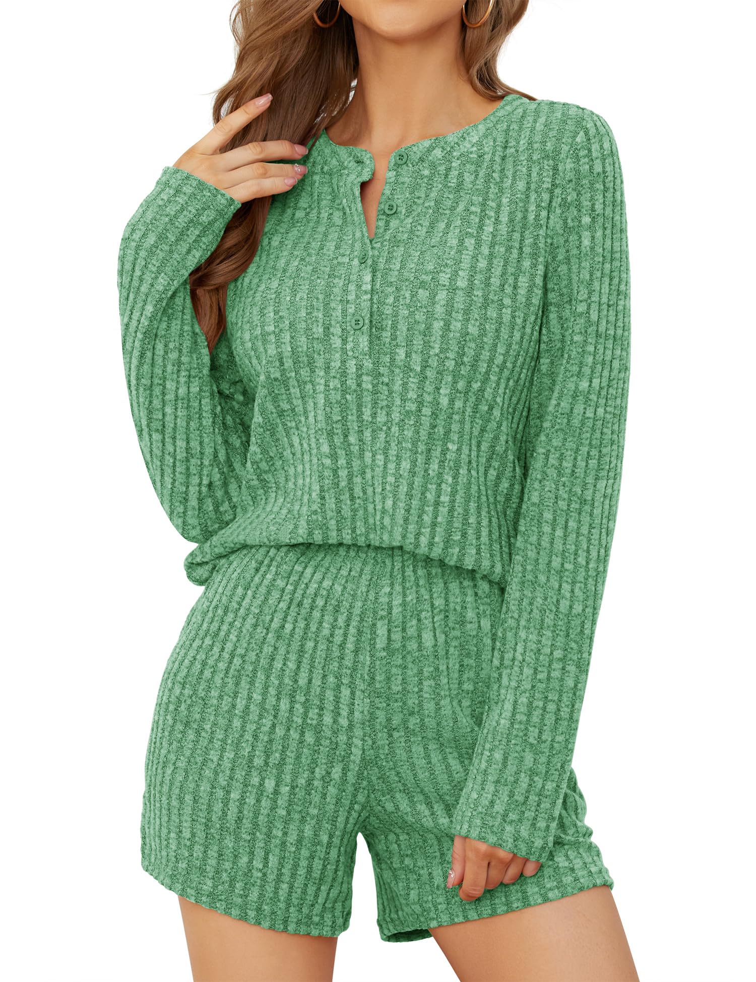 MicosonWomens Pajama Sets Fuzzy Knit 2 Piece Long Sleeve Sleepwear & Shorts Loungewear with Pockets