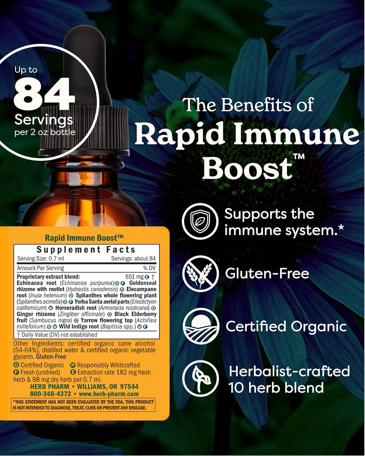 Herb Pharm Organic Rapid Immune Boost: Fast-Absorbing Tincture for Adults, Echinacea Tincture with Goldenseal, Ginger Extract & Elderberry, Immune Support Supplement & Wellness Aid, 2 Oz - Image 2