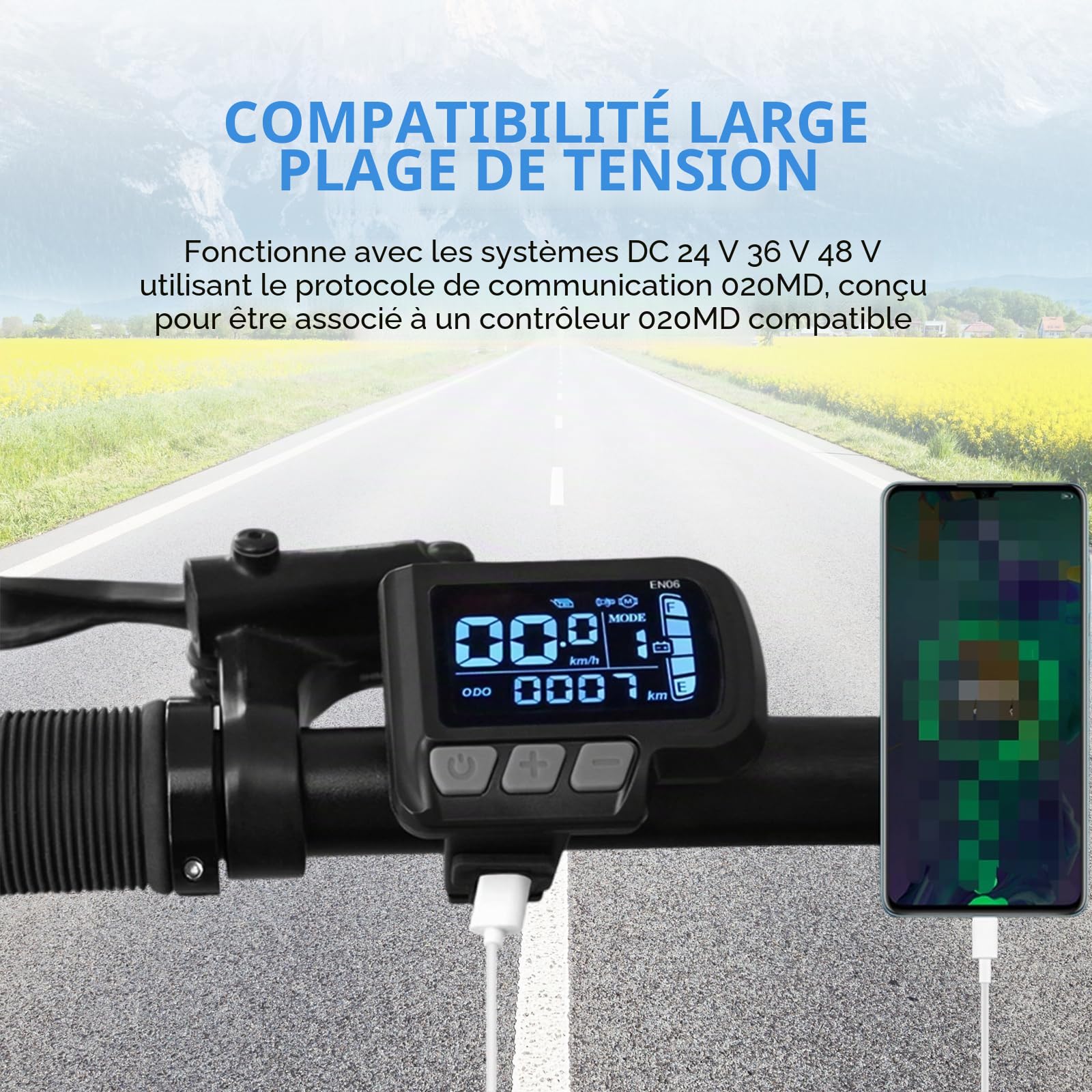 Affichage E-Bike 24V 36V 48V avec écran LCD et câble d'interface à 6 broches pour guidon de vélo électrique Corps ABS de 22,2 mm résistant à la température