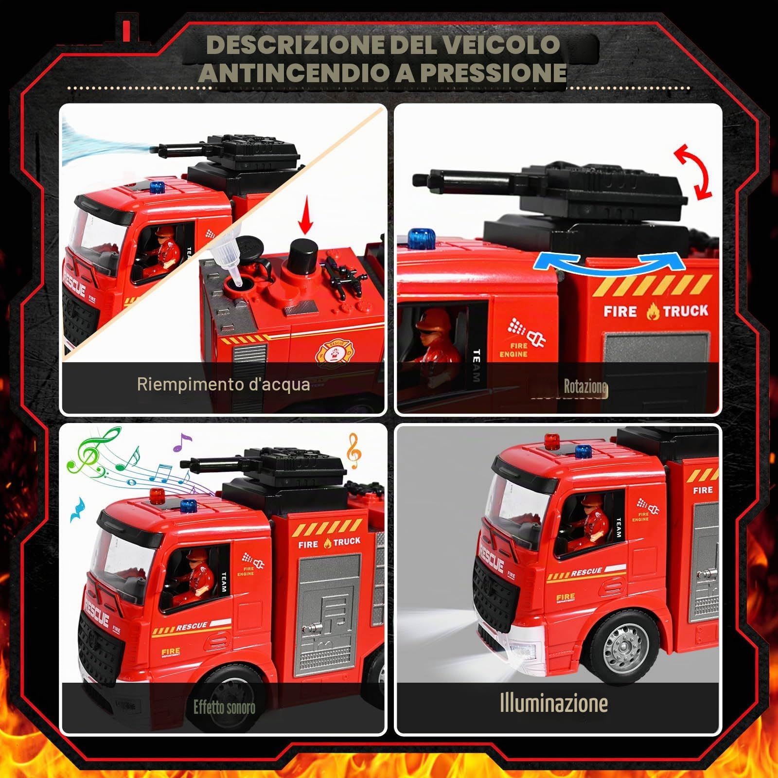 HILKKET 2 Camion Pompieri Giocattolo, Camion Pompieri Telecomandato con Luci, Suoni, Scala e Pompa Dell'acqua, con 2 Pompieri, 4 Secchielli e 1 Estintore