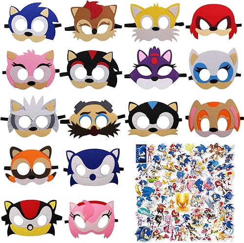 Miniatura 1 de Paquete de 16 máscaras de fieltro de erizo y 50 calcomanías de erizo para niños suministros de fiesta de cumpleaños temáticos de erizos máscaras de