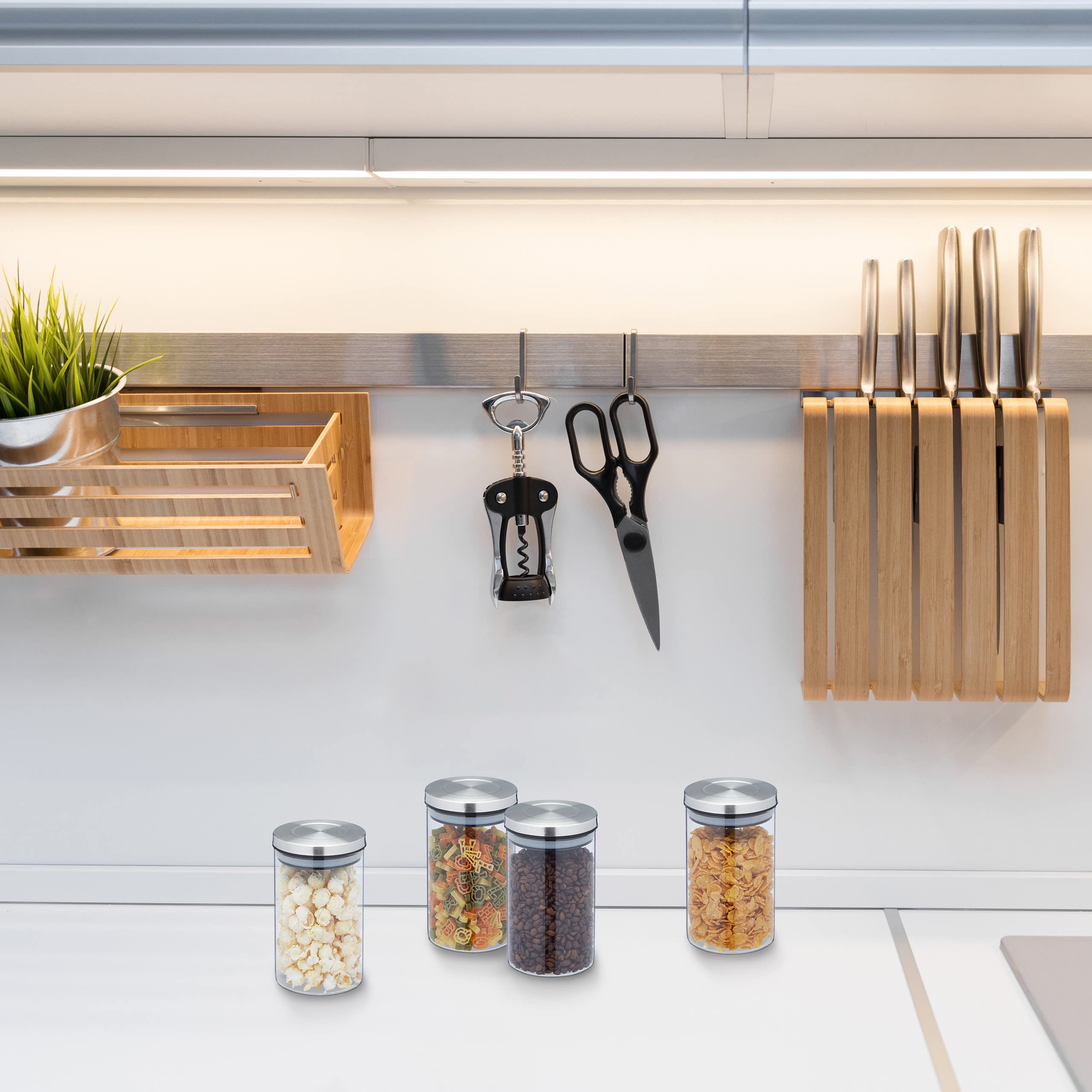 Relaxdays Set da 4 Barattoli per Alimenti, Recipienti in Vetro con Coperchio Acciaio Inox 1000 ml, Trasparente Argentato