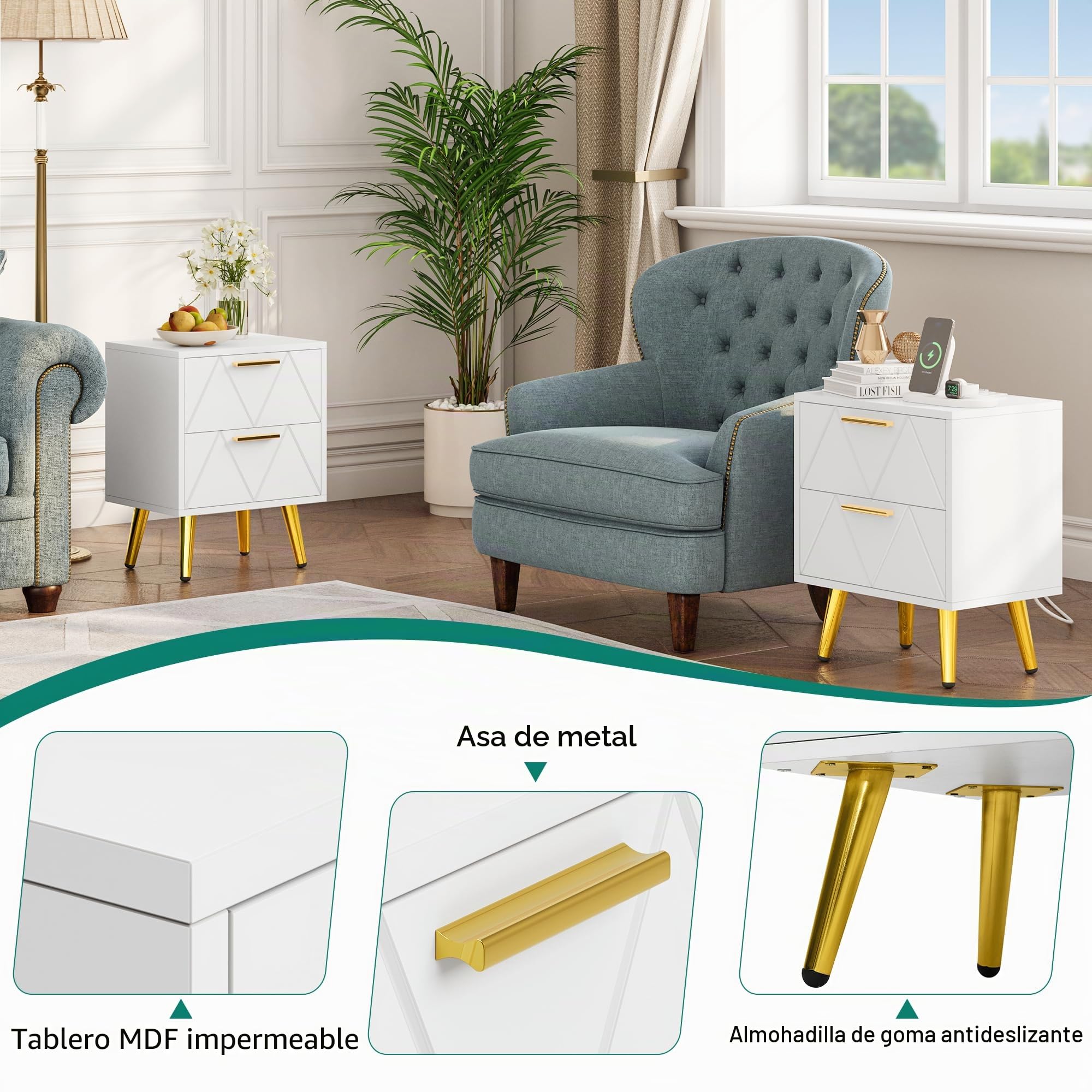 YITAHOME Mesita de Noche con 2 Cajones, 2 Puertos USB y 2 Tomas de Corriente, Mesa Auxiliar con Patas y Asas de Metal Dorado, Mesa Auxiliar para Salón, Dormitorio, 40 x 30 x 52 cm, Blanco