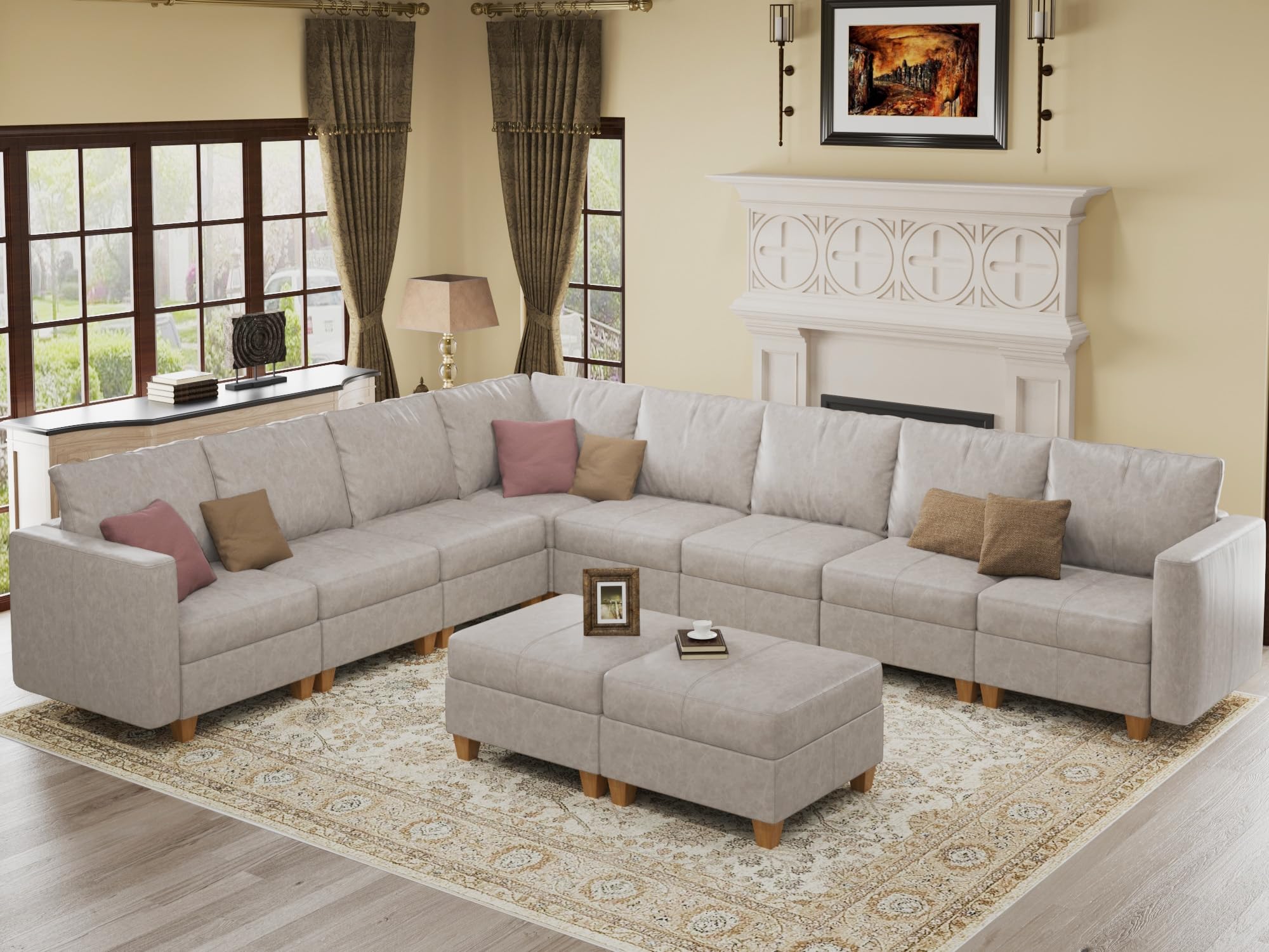 EASE MOOSE Faux Leather Sectional Sofa, Modular Sectional Sofa Couch L Shaped Couch with Storage Ottoman, Whitesand