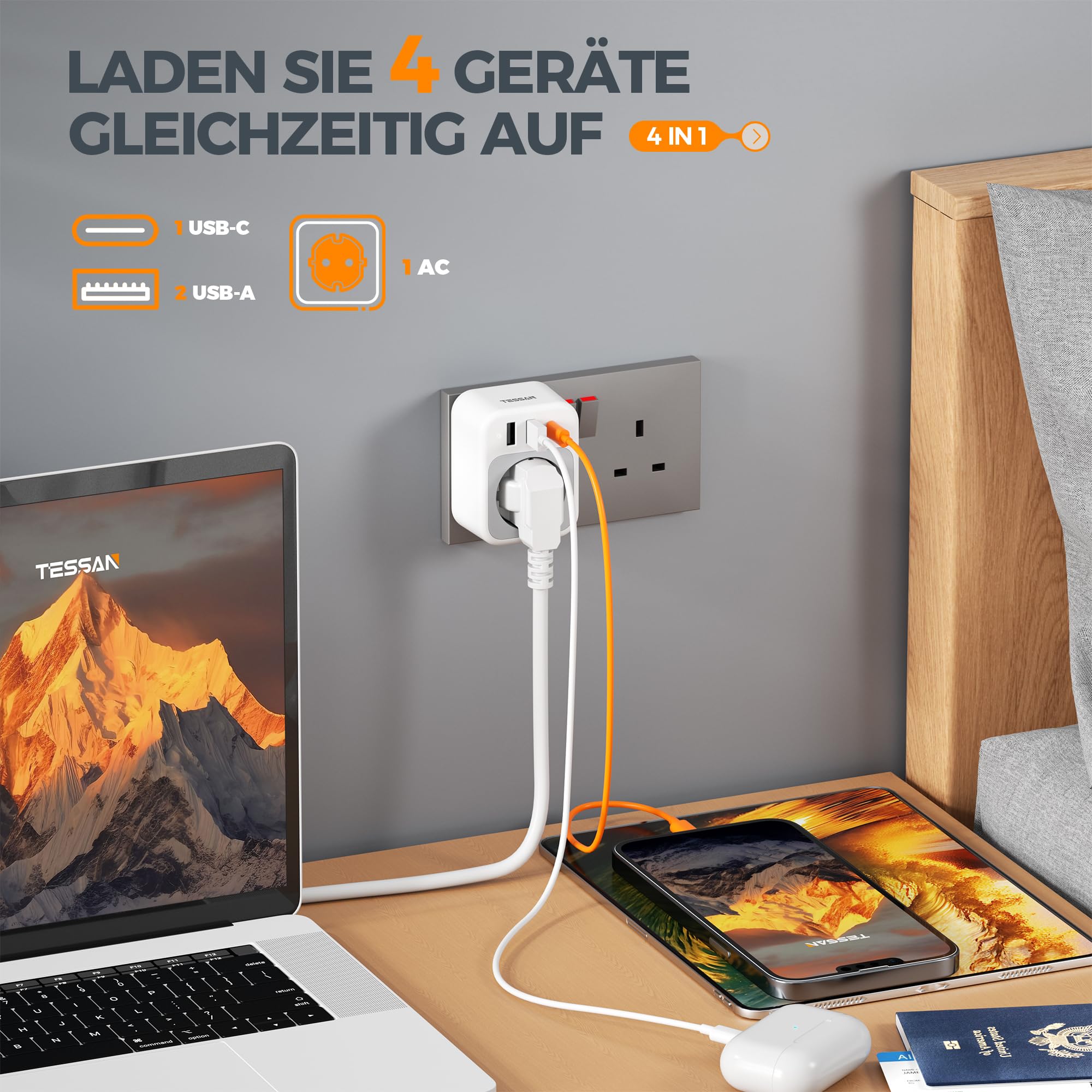 TESSAN Adapter Anglia Niemcy Wtyczka, 4 w 1 Adapter UK z USB C i 2 USB A, Przenośny adapter gniazdowy Anglia, Adapter podróżny UK 3250 W, Adapter podróżny typu G dla Wielkiej Brytanii, Irlandii