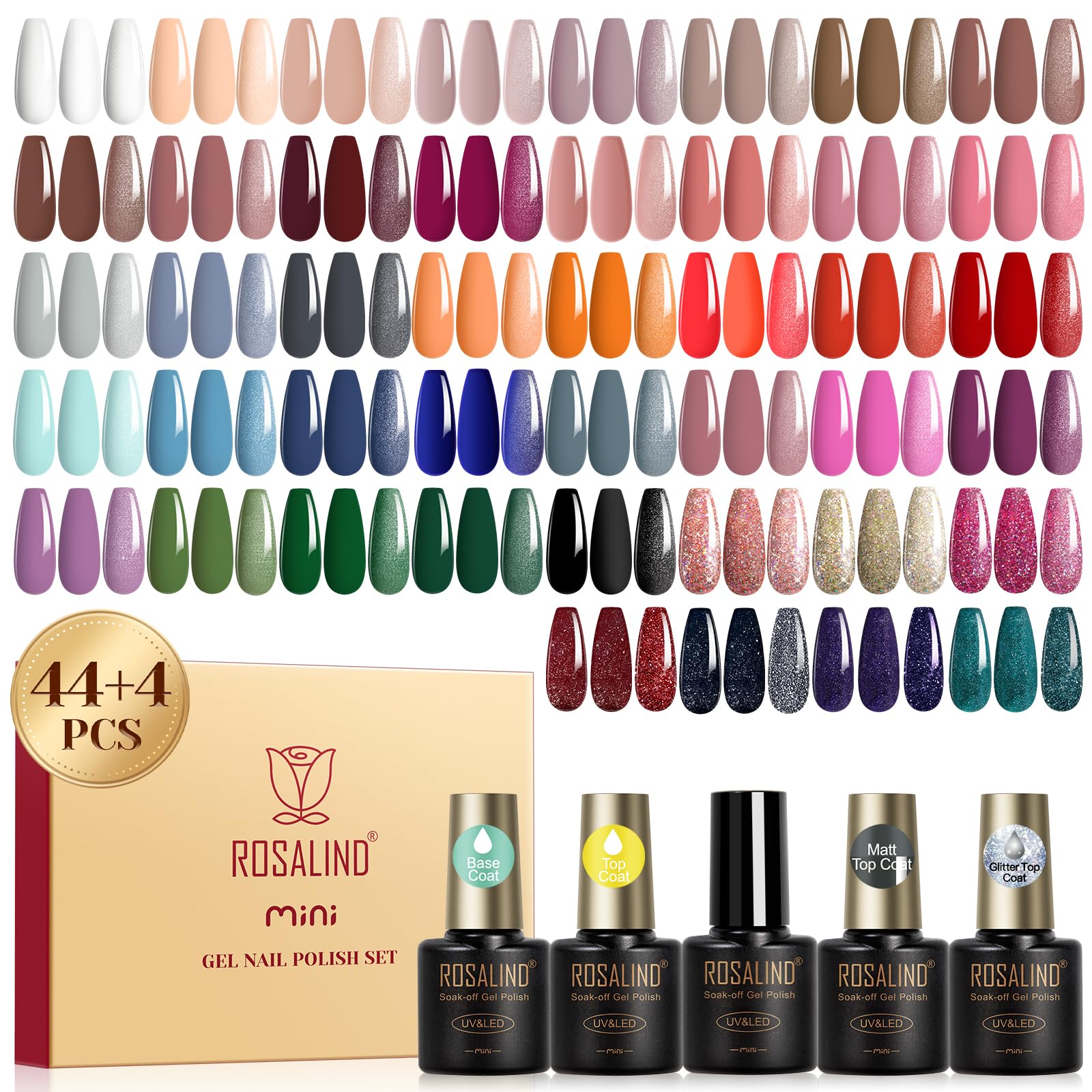 ROSALIND UV Nagellack Set, 48 Stück Nude Braun Rot Orange Lila Rosa Grau Blau Grün Gel Nagellack, Soak-Off Mini UV LED Farbgel Gelnägel Gel Nail Polish Geschenk