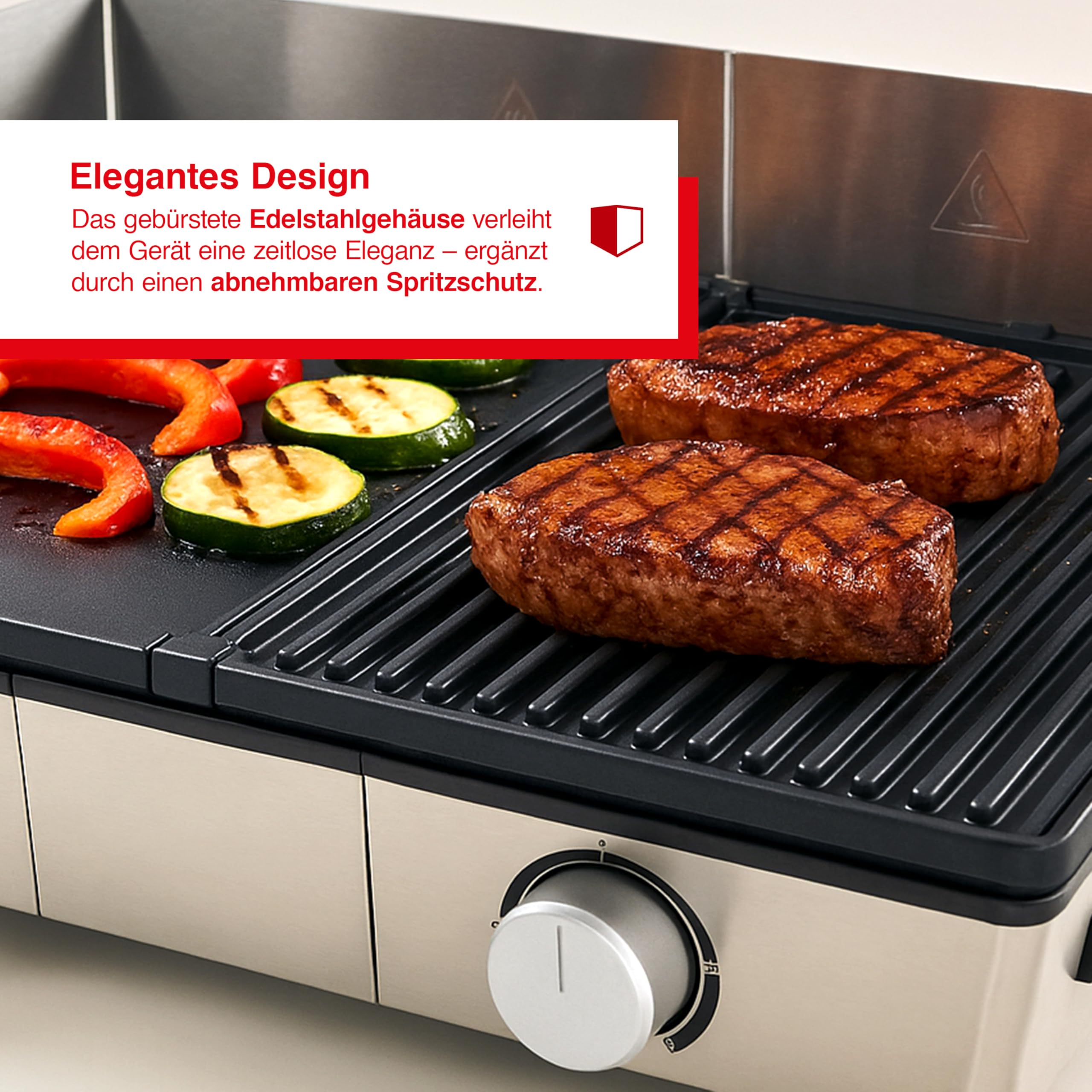 Solis Deli Grill 7951 - Elektrogrill - Grill Inklusive Spritzschutz und 2 Spachteln - Tischgrill Elektrisch - Edelstahl | 2200 W, Fettablauf und Auffangschale, Abnehmbare Grillplatten, Spritzschutz, Für Balkon, Garten und Küche