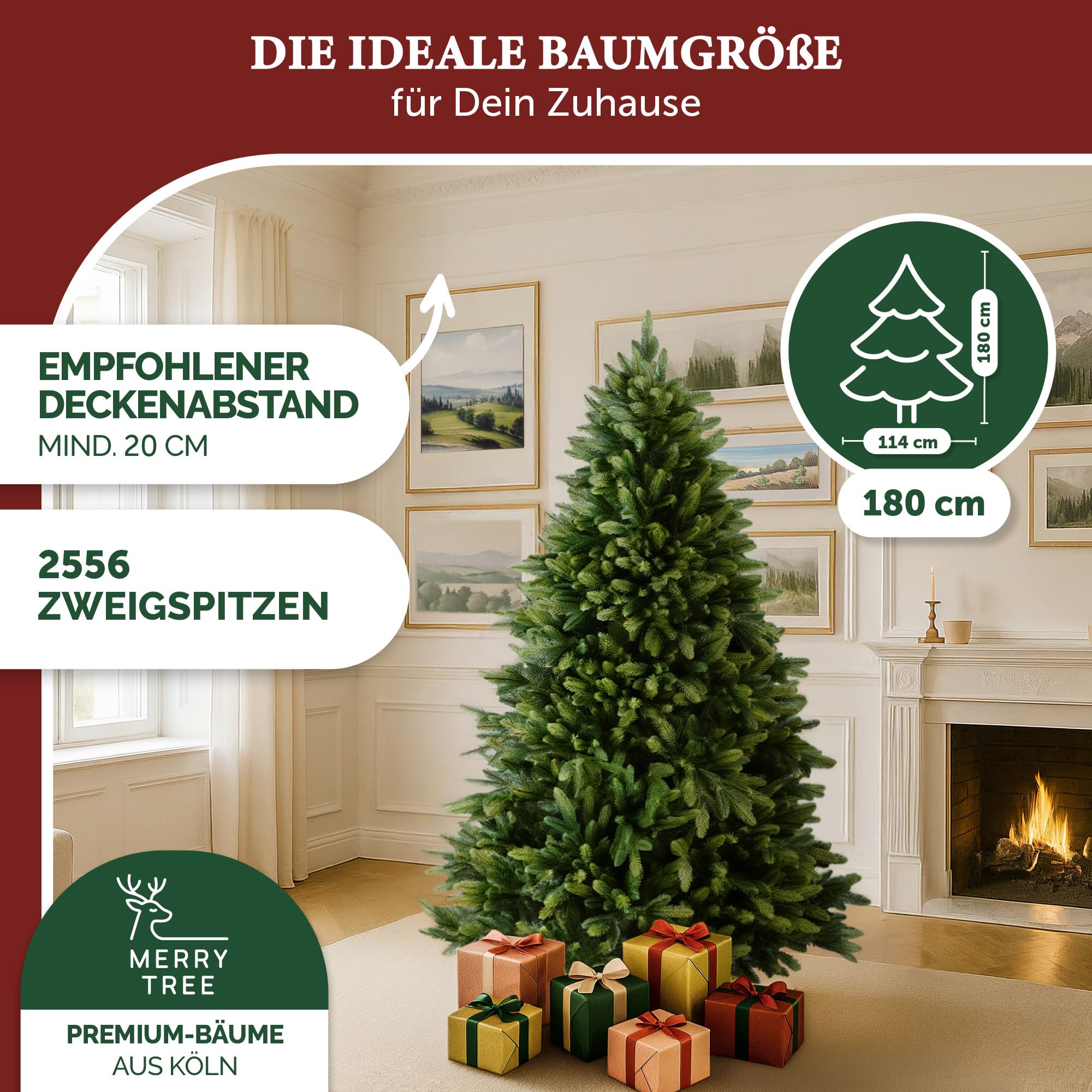 MerryTree Luxus künstlicher Weihnachtsbaum 180 cm - großer Weihnachtsbaum Spritzguss - naturgetreue PE-Nadeln + Holzfuß massiv - schwer entflammbar - Tannenbaum künstlich - Nordmanntanne