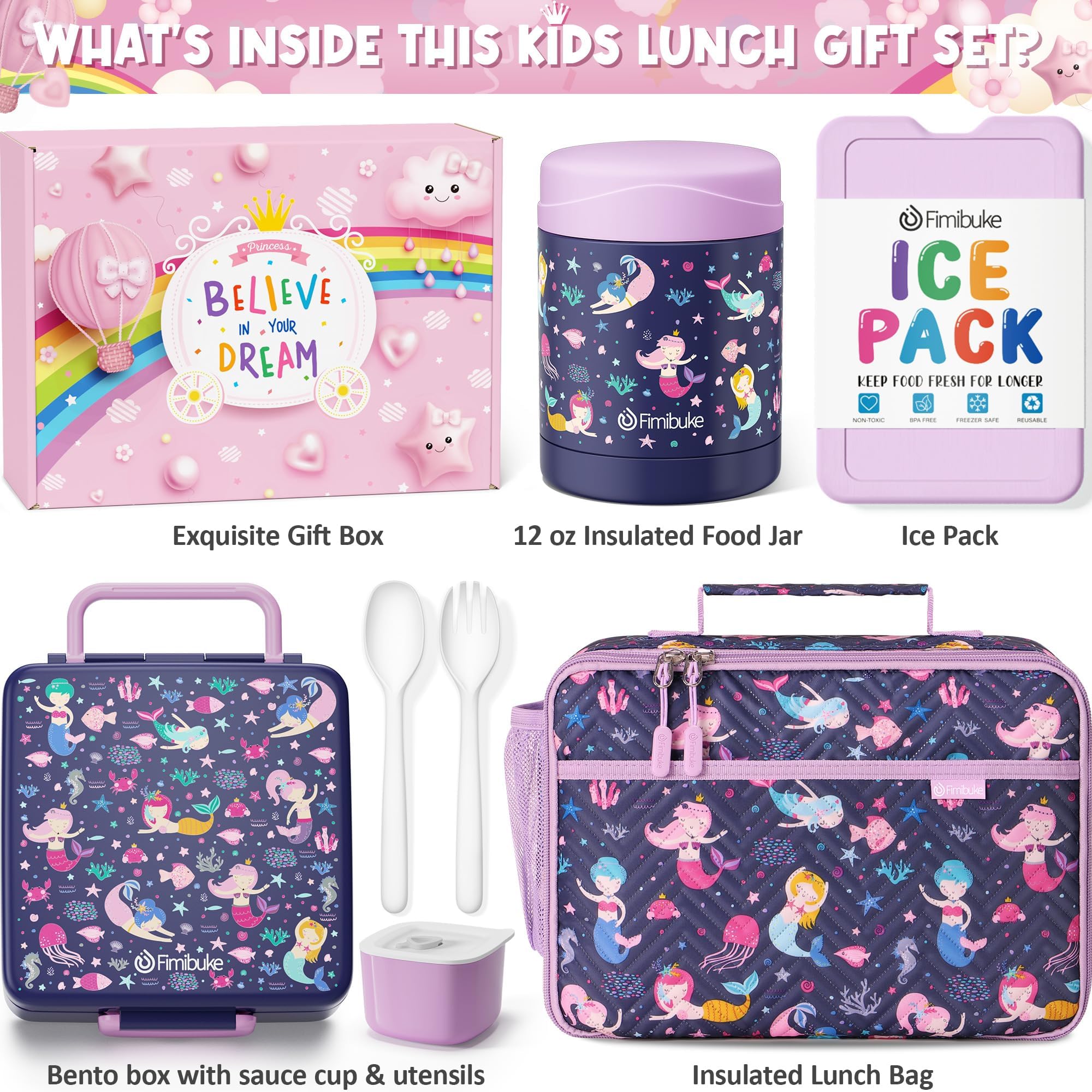 Fimibuke Lonchera Bento para niños con 4 compartimentos, bolsa de almuerzo aislada, tarro térmico al vacío de acero inoxidable, bolsa de hielo, juego de utensilios, regalos de cumpleaños para niños de