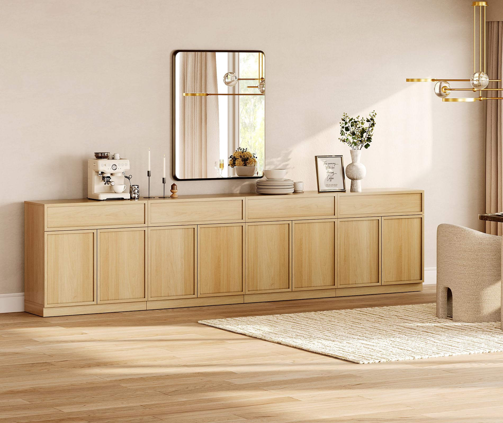 WAMPAT 126" Modern Sideboard Buffet Cabinet with 8 Doors and Drawers, Multifunctional Sideboard with Large Storage and Adjustable Shelf, Coffee Bar Storage Cabinet for Kitchen, Living Room, Oak