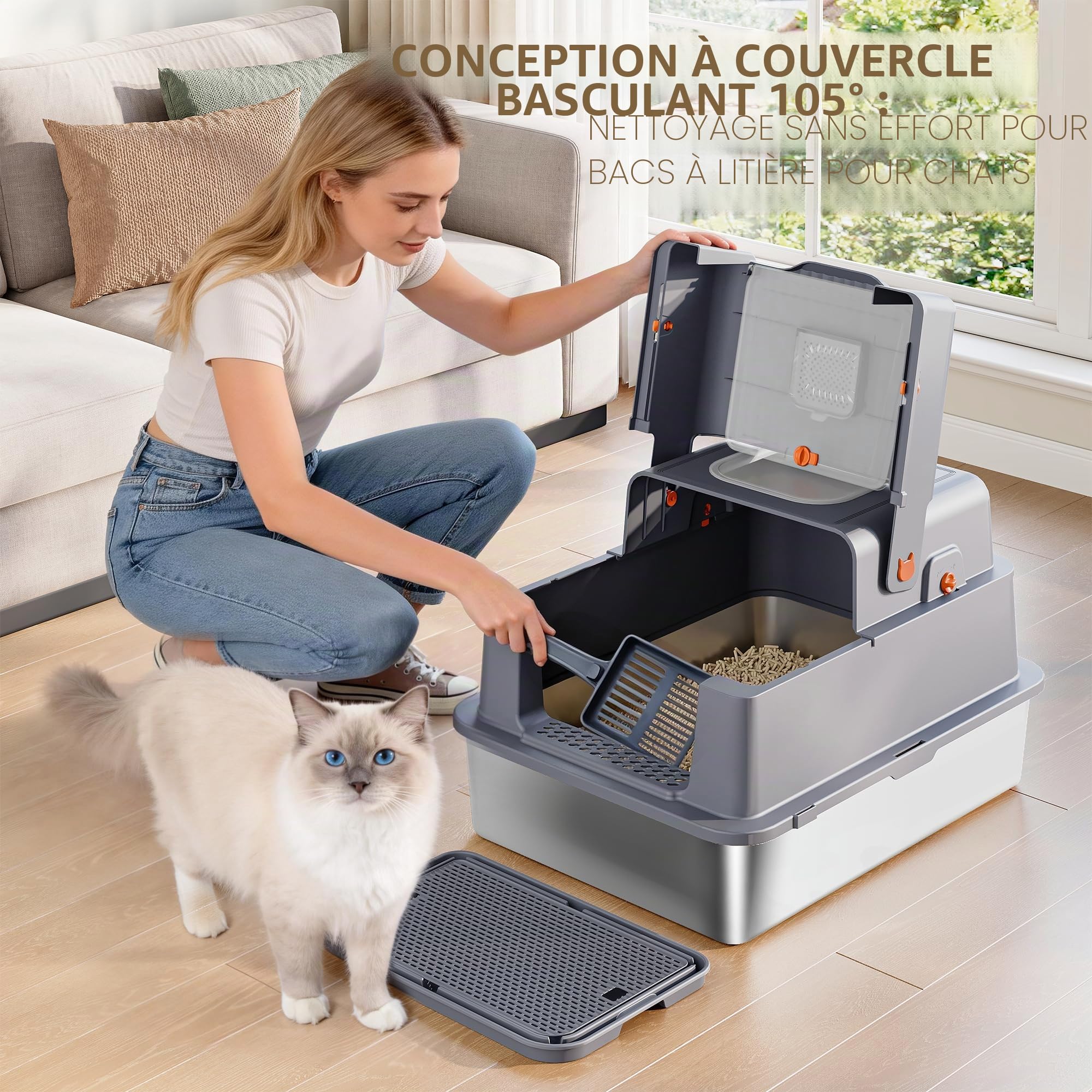 Bac à Litière en Acier Inoxydable XXXL, 70x50x42 cm, Gris Foncé | Bac à Litière Métallique Fermé avec Couvercle, 105° Couvercle à Charnière, Pédale et Pelle Incluse, Deux Portes FPLB206SG2