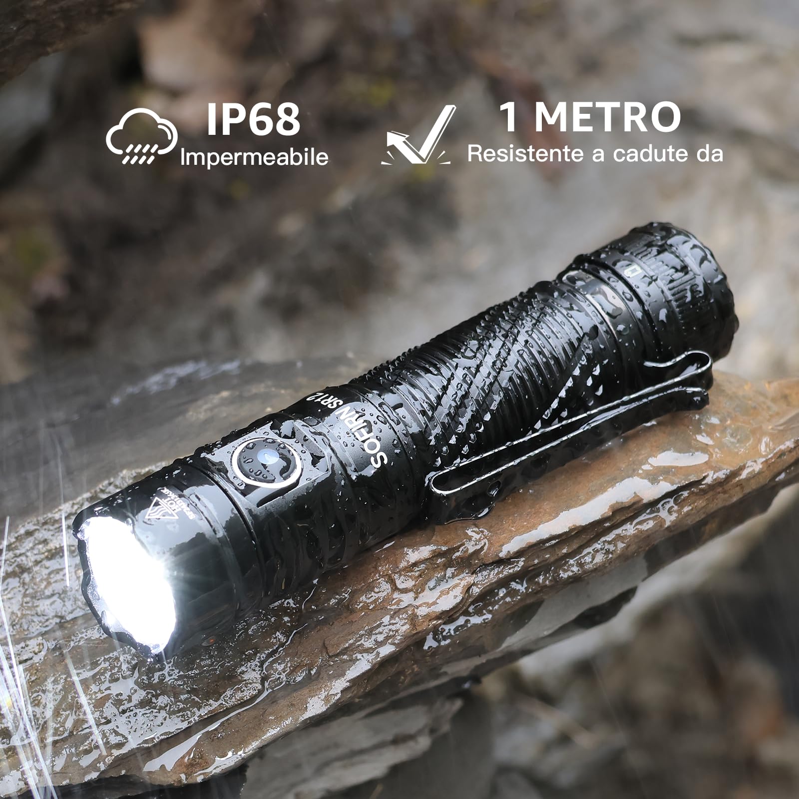 Sofirn SR12 Torcia a LED ricaricabile estremamente luminosa – 1450 lumen, impermeabile IP68, tappo magnetico, portata 396 m, piccola torcia portatile e compatta per campeggio, escursionismo, attività