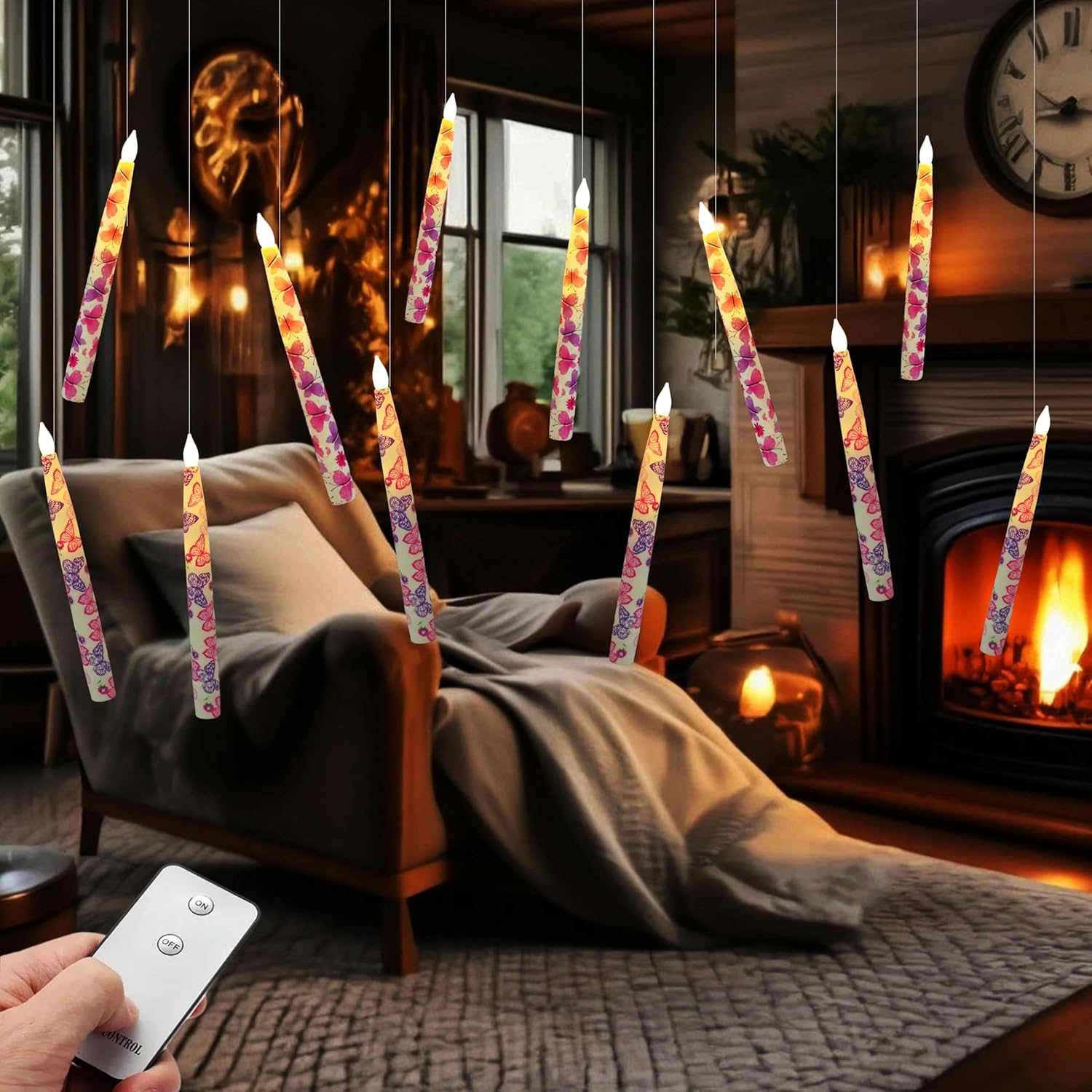 Floating Candles with Magic Wand Remote 12 Pack Butterfly LED Battery Operated Flickering Hanging Harry Potter Window Flameless Taper Candles for Home Indoor Party Decor