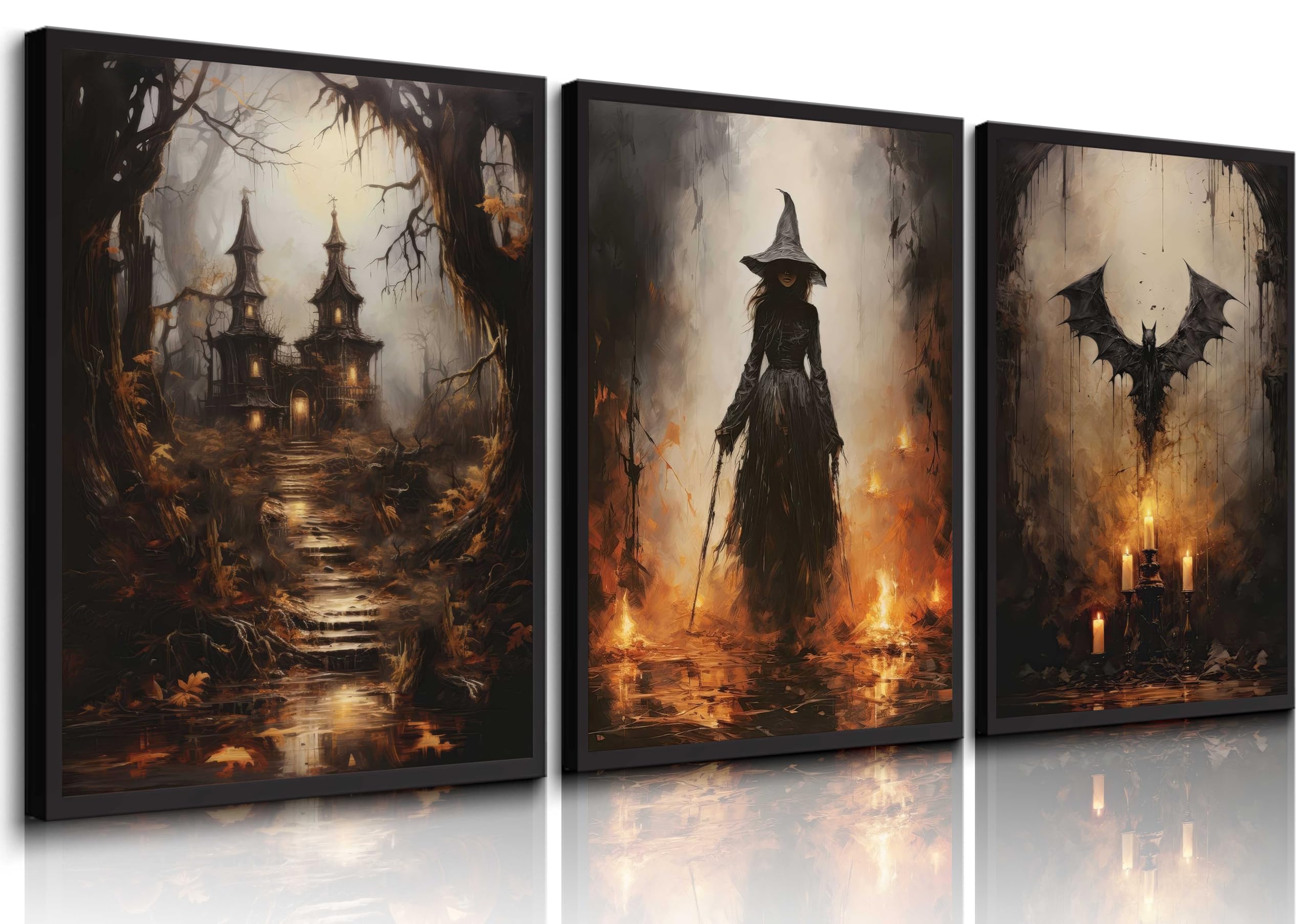3Pcs Halloween Wall Art Horror Pumpkin and Witch Party Canvas Paintings Vintage Gothic Wall Decor Spooky Castle Prints Flying Bat Moon Night Posters