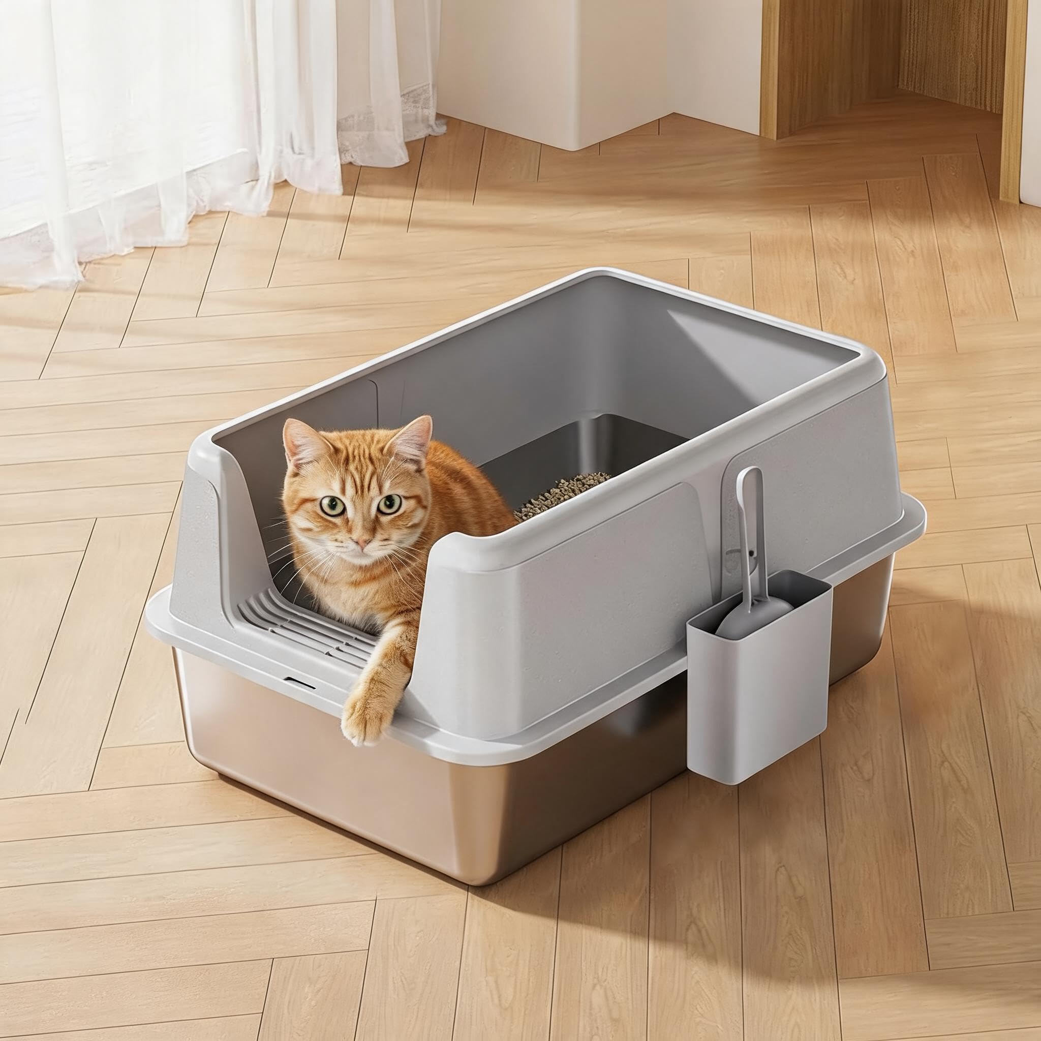 Garvee Arenero para Gatos de Acero Inoxidable – Tamaño y antigoteo – Fácil de Limpiar – Antiolor – Lados Altos antipérdida con Pala y Tapa – Ideal para Gatos y Conejos – Gris 60 x 40 x 35,5 cm
