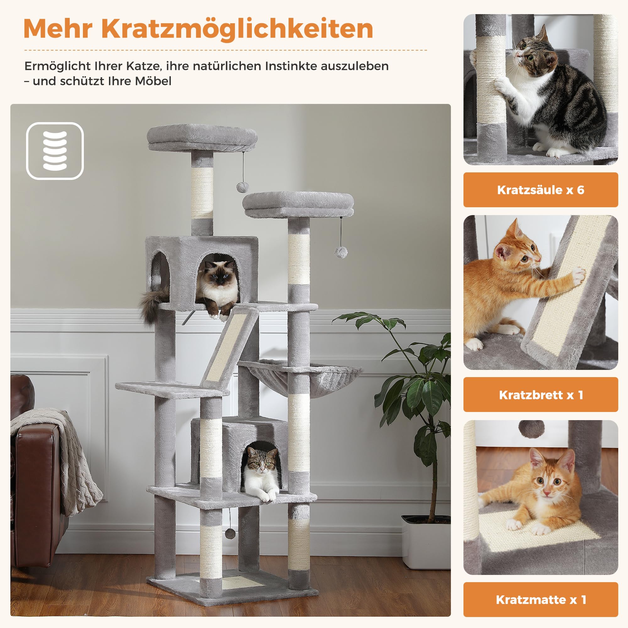 PETEPELA 180cm Kratzbaum groß, Multi-Level Katzenbaum für große Katzen, mit 6 Sisalsäule, 2 Kratzbrettern, 2 Plattformen, 1 Hängematte, 2 Spielbälle, Plüsch-Stoff, grau