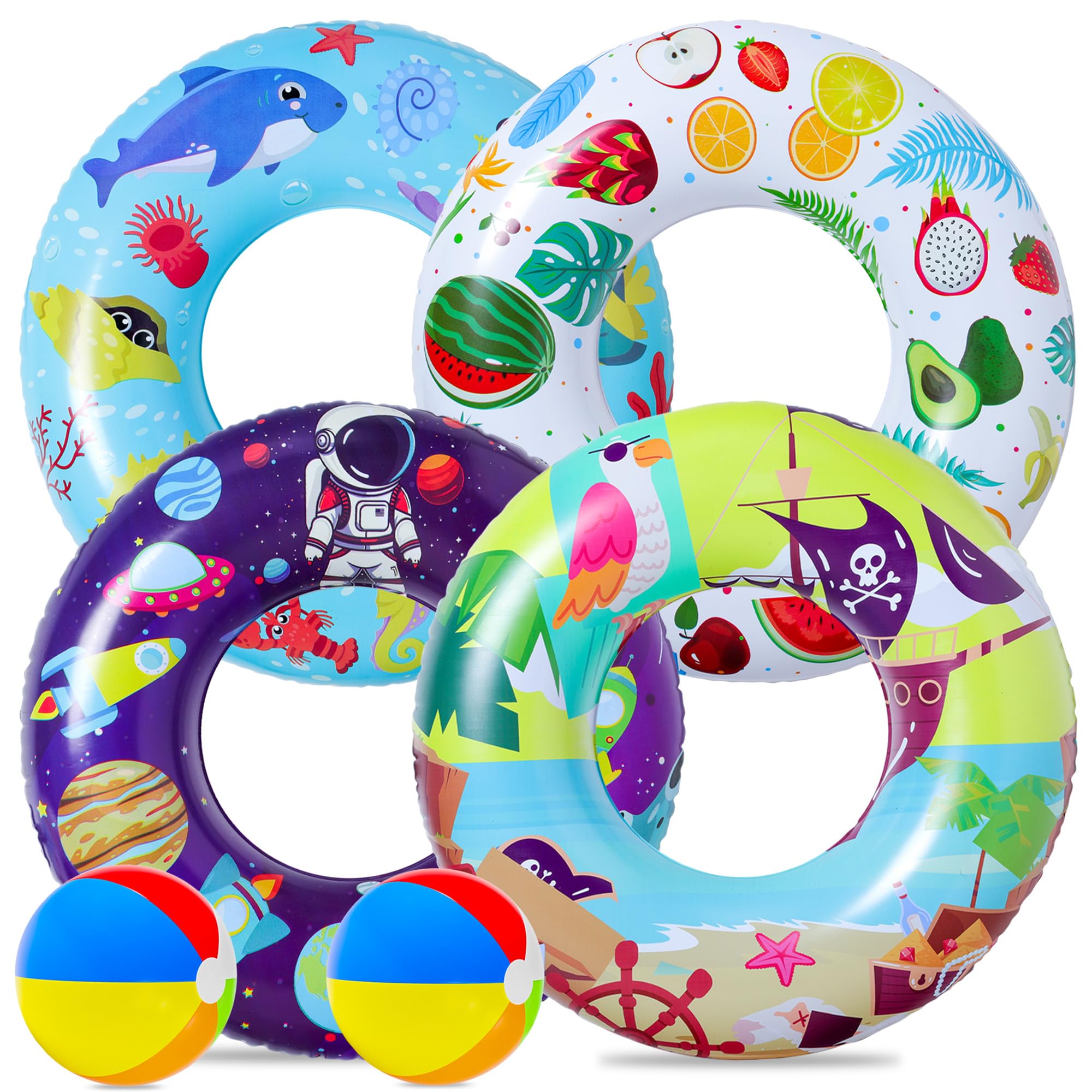 FindUWill 6 Pack Pool Floats Kids, Pool Swim Tubes Rings(4 Pack) - 4Pcs Inflatable Big Floaties Beach Swimming Toys with 2Pcs Beach Balls for Adults
