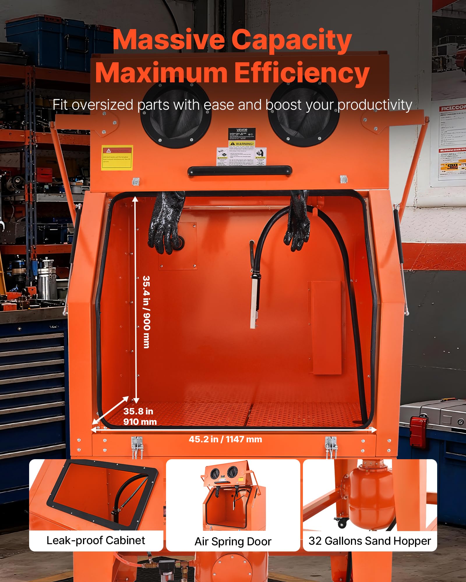 VEVOR Cabine de Sablage 926 L en Acier sur Roues Capacité de Trémie à Sable 121 L avec Réservoir sous Pression, Système de Collecte de Poussière, pour Finition de Surface de Pièces Surdimensionnées