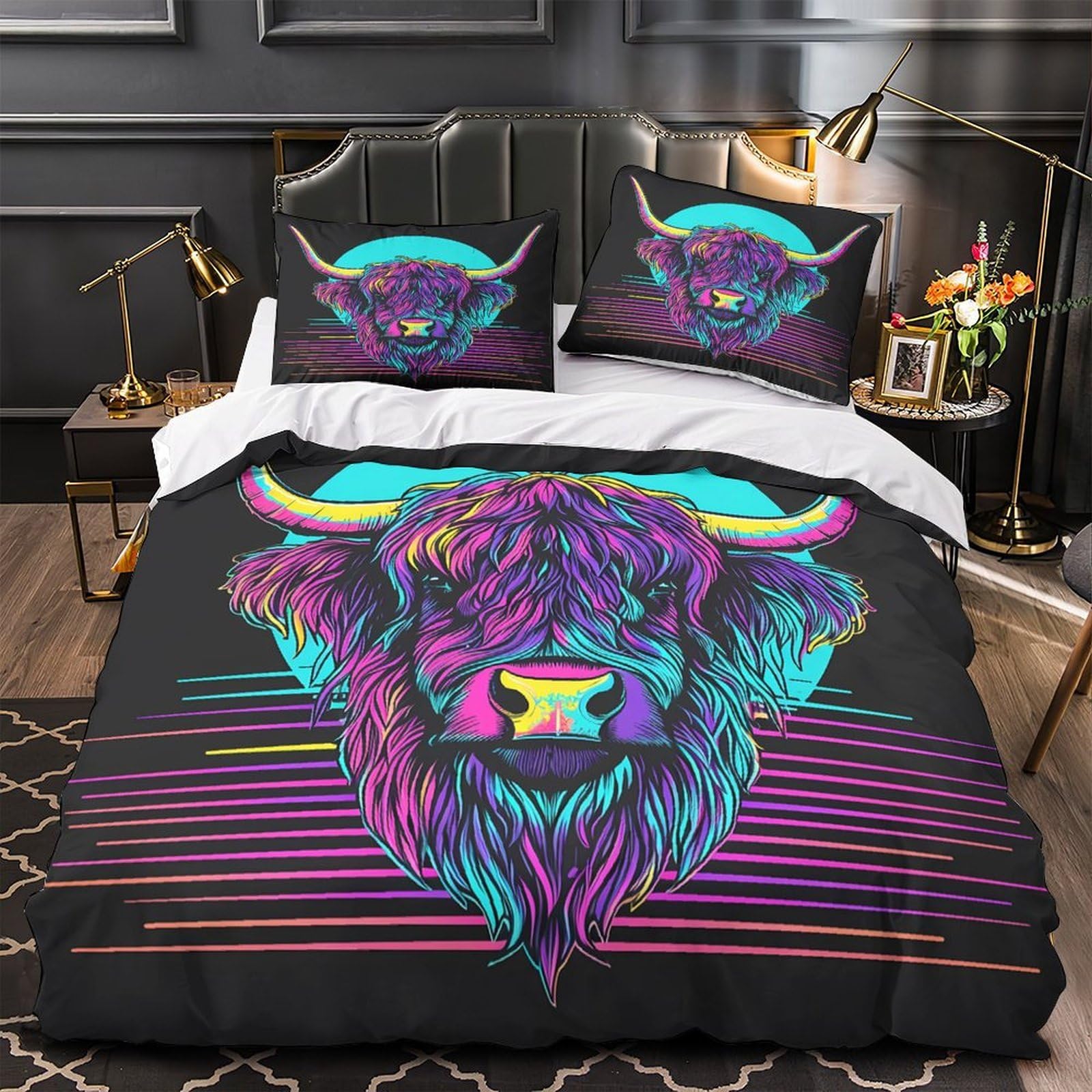 Highland Bull Quilt Cover 3D Design Printed Wrinkle-Resistant 3 Piece Bed Linen Zipper Neon Retro Duvet Cover Luxurious Anti-allergic for Adults Women Kids Youth Teens Girls Single（135x200cm）