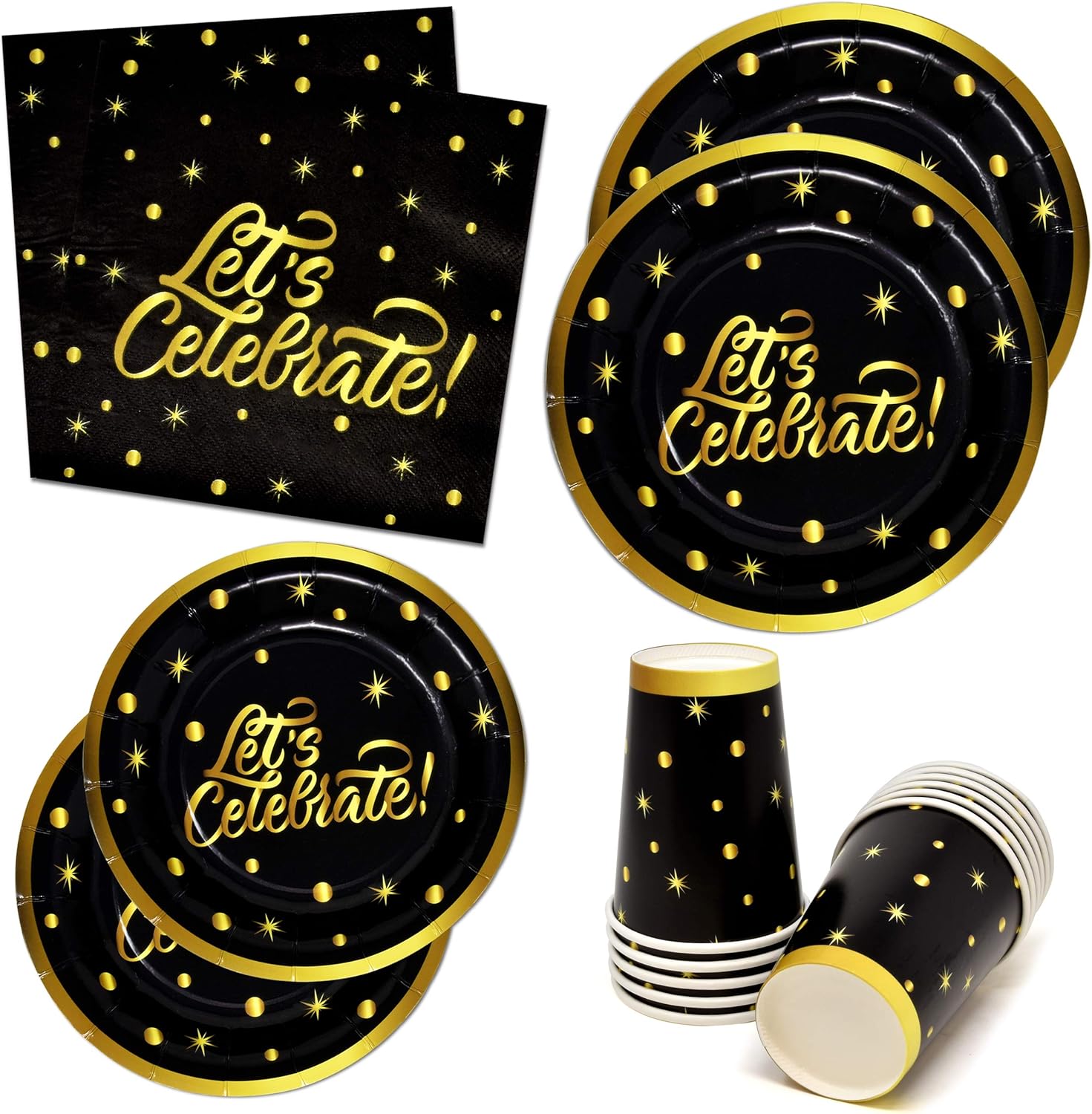 Black & Gold Party Supplies Tableware Set 24 9" Paper Plates 24 7" Plate 24 9 Oz