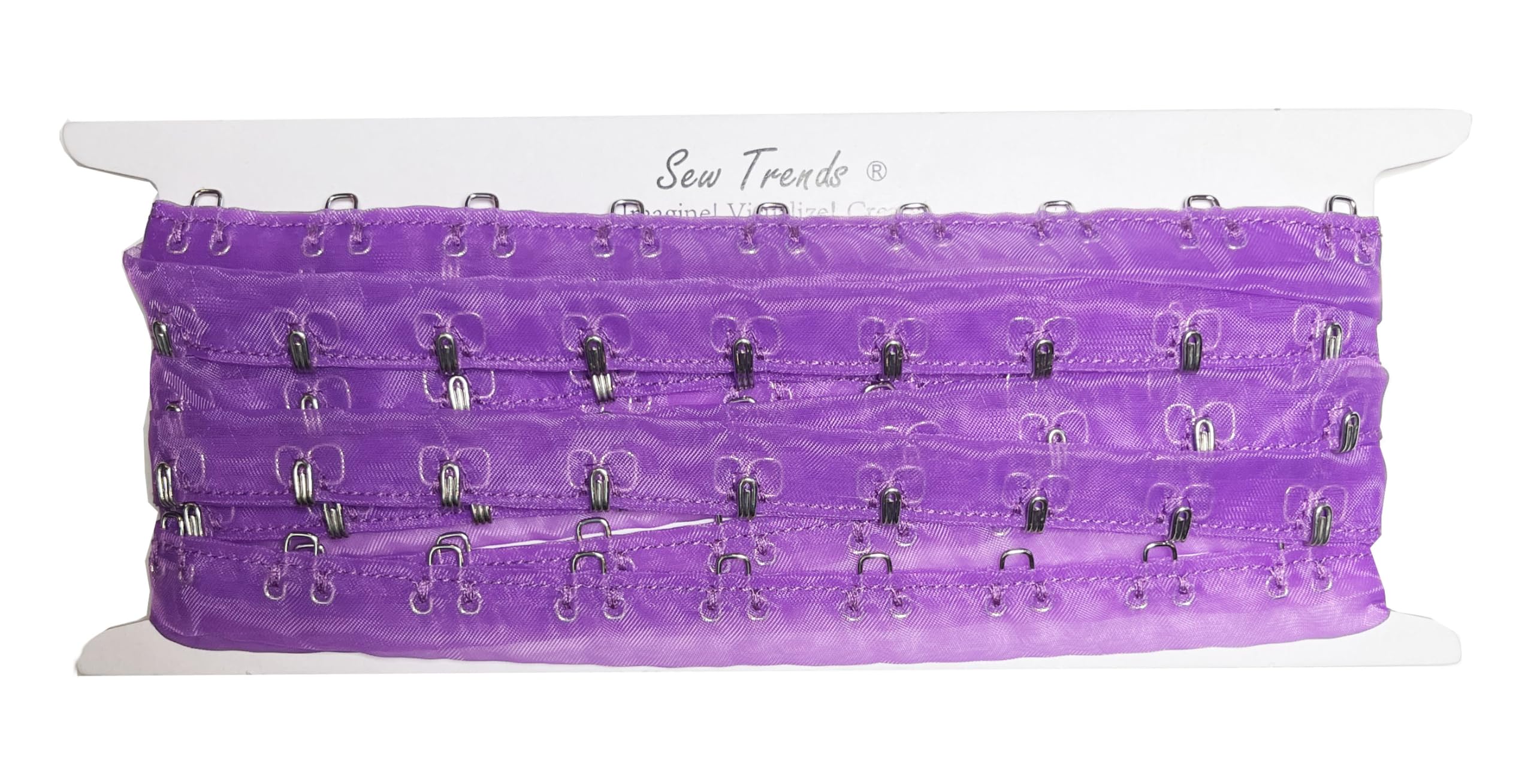 SEW TRENDZ 2 Yards Pair of Hook and Eye Tape Sheer Organza Mesh Fabric 0.75" (3/4") SPACING Silver Metal Edging Cordage Trim Corset Lingerie Sewing-Transparent PURPLE-2yrds