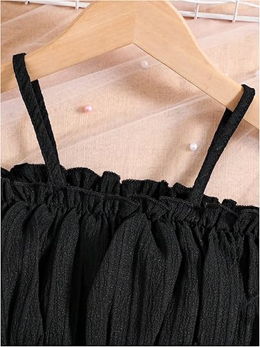 MakeMeChic Girl's Two Piece Summer Outfits Cold Shoulder Short Sleeve Crop Top Ruffle High Low Skirt Sets(Black,4T)