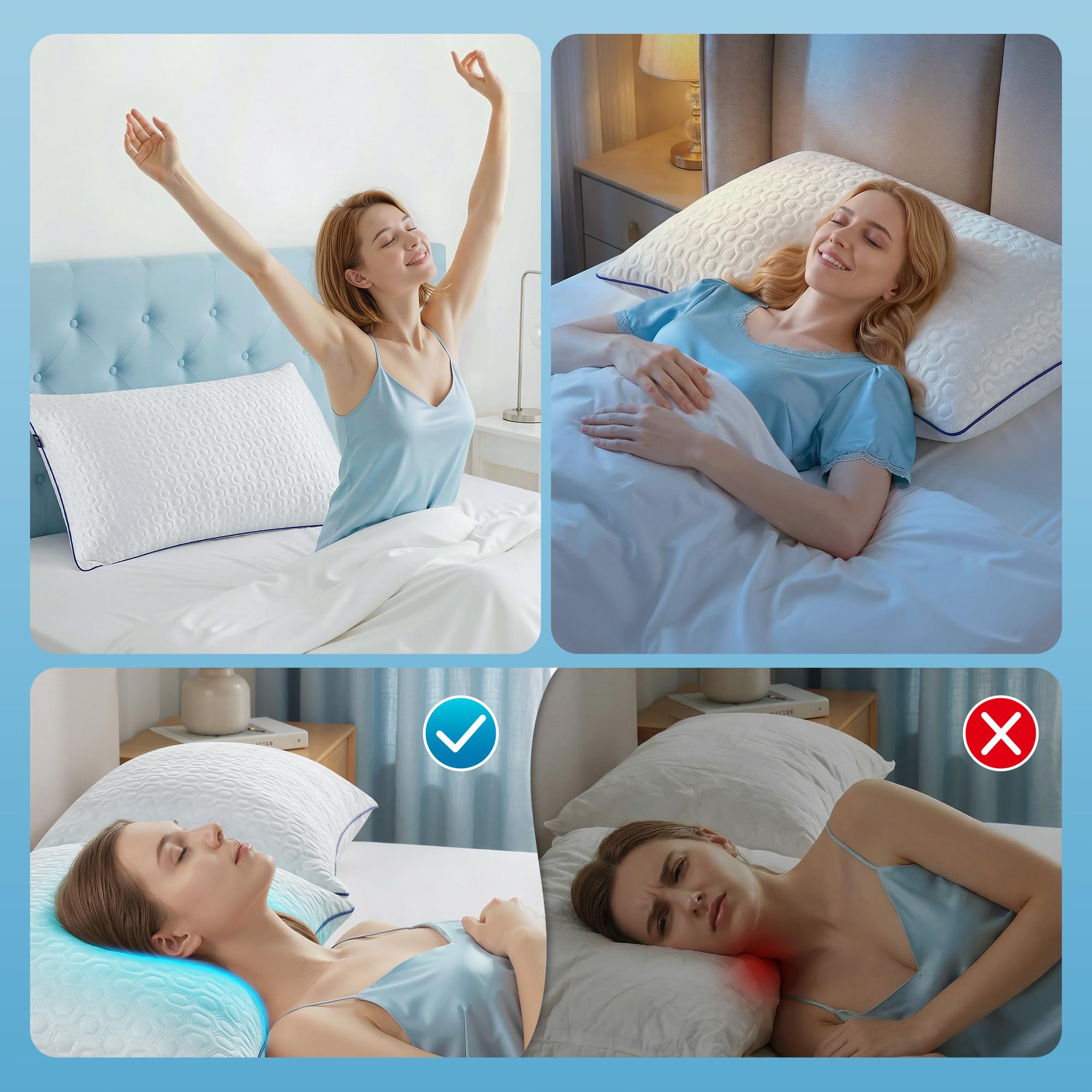 BedStory - Juego de 2 almohadas de memoria (40 x 60 cm) | Funda lavable de seda helada – Altura personalizable – Hipoalergénica – Firme y adaptable – Ergonómica Cervical