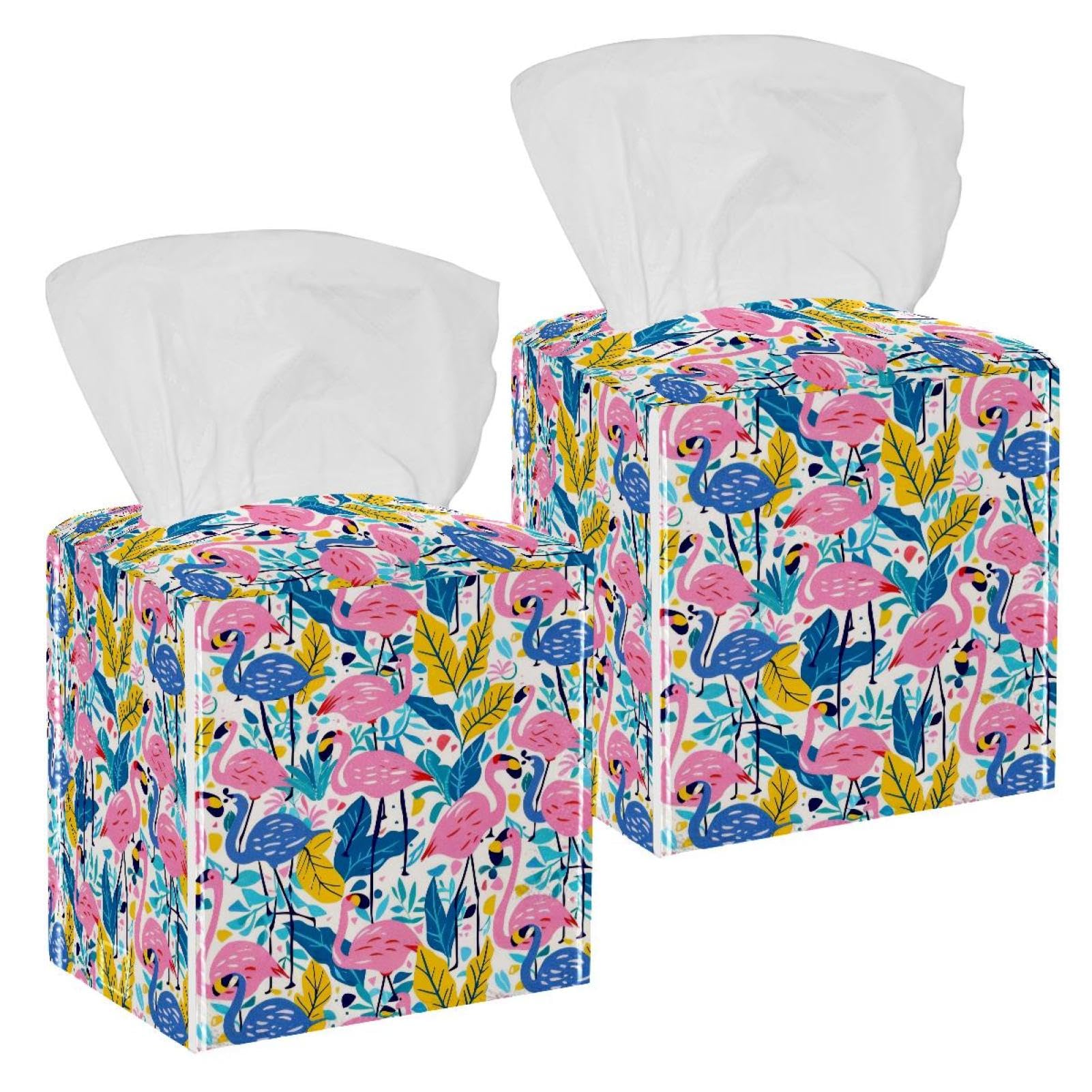 Flamingo Tissue Box Cover, 2 Pack PU Leather Square Facial Tissue Dispenser Box holder for Home Office Car