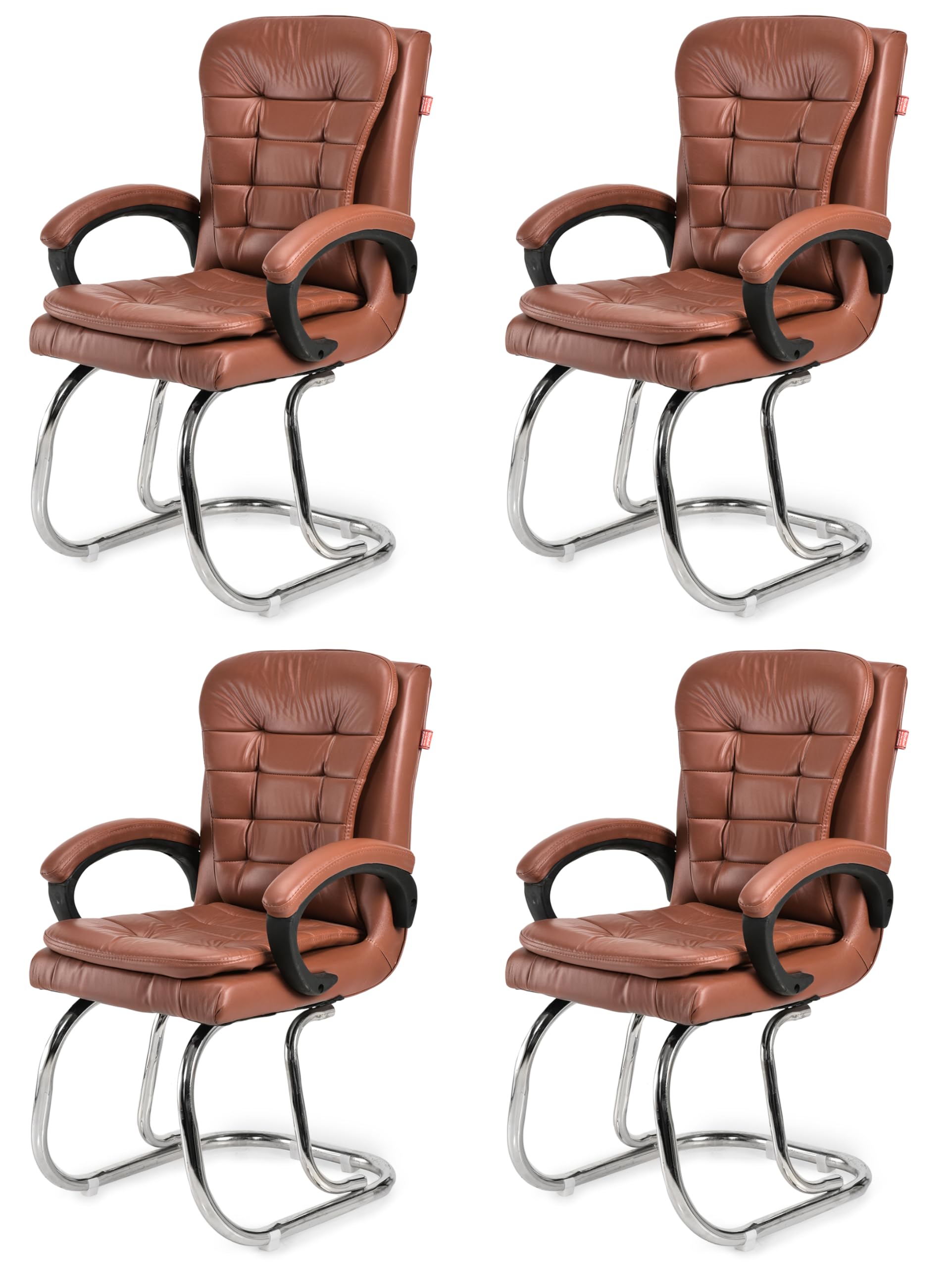 GOYALSON Leatherette Double Cushion Office Guest Chair Sleek, Comfortable Seating for Visitors in Lobby, Reception (4, Brown, Double Pipe Chrome Steel Frame)