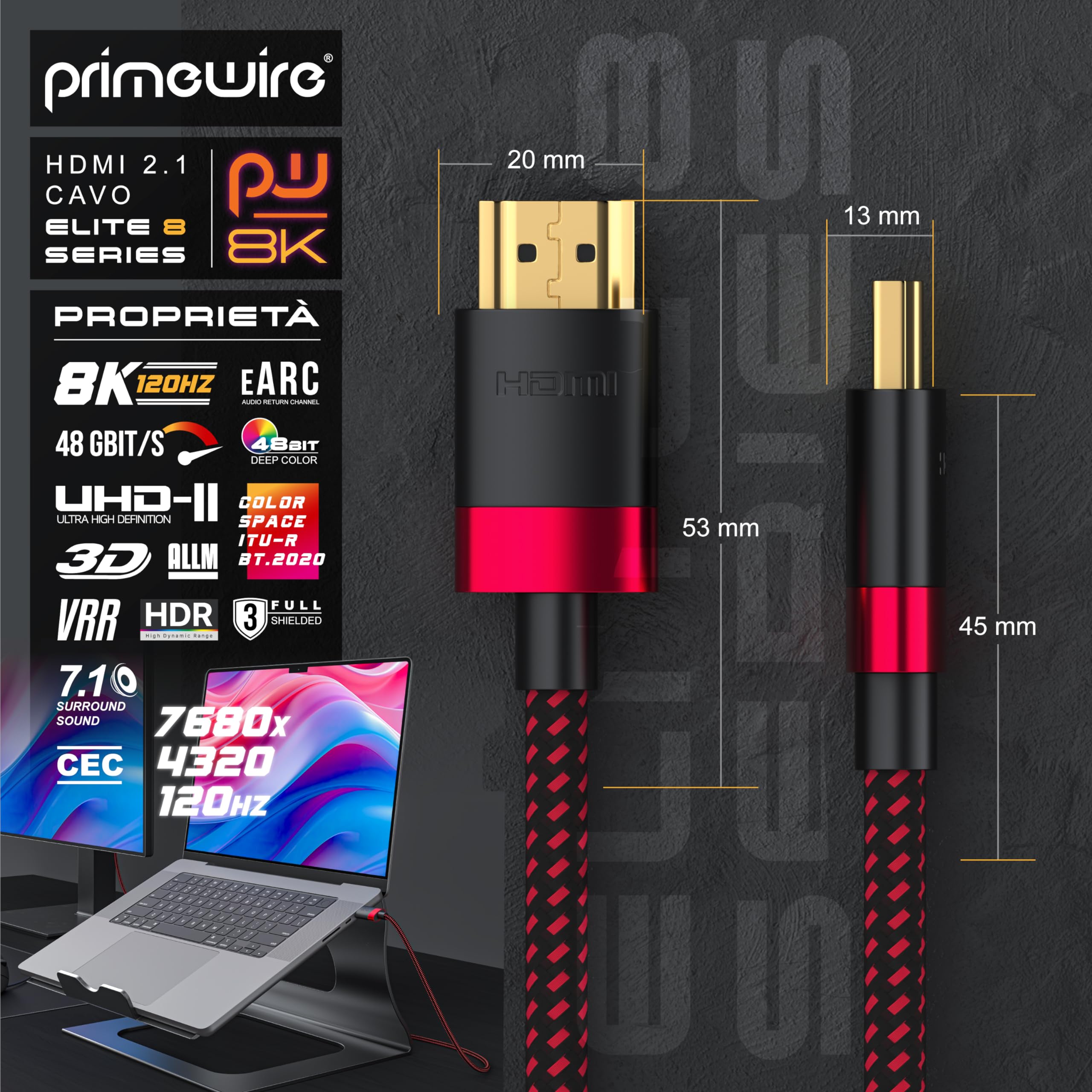 Primewire CSL - 50 cm - Cavo HDMI 8K – 120Hz DSC – 4K a 240Hz – UHD II – HDR 10+ – HFR – VVR eARC – Supporta Dolby Vision e Dolby Atmos – Cavo in Nylon Intrecciato