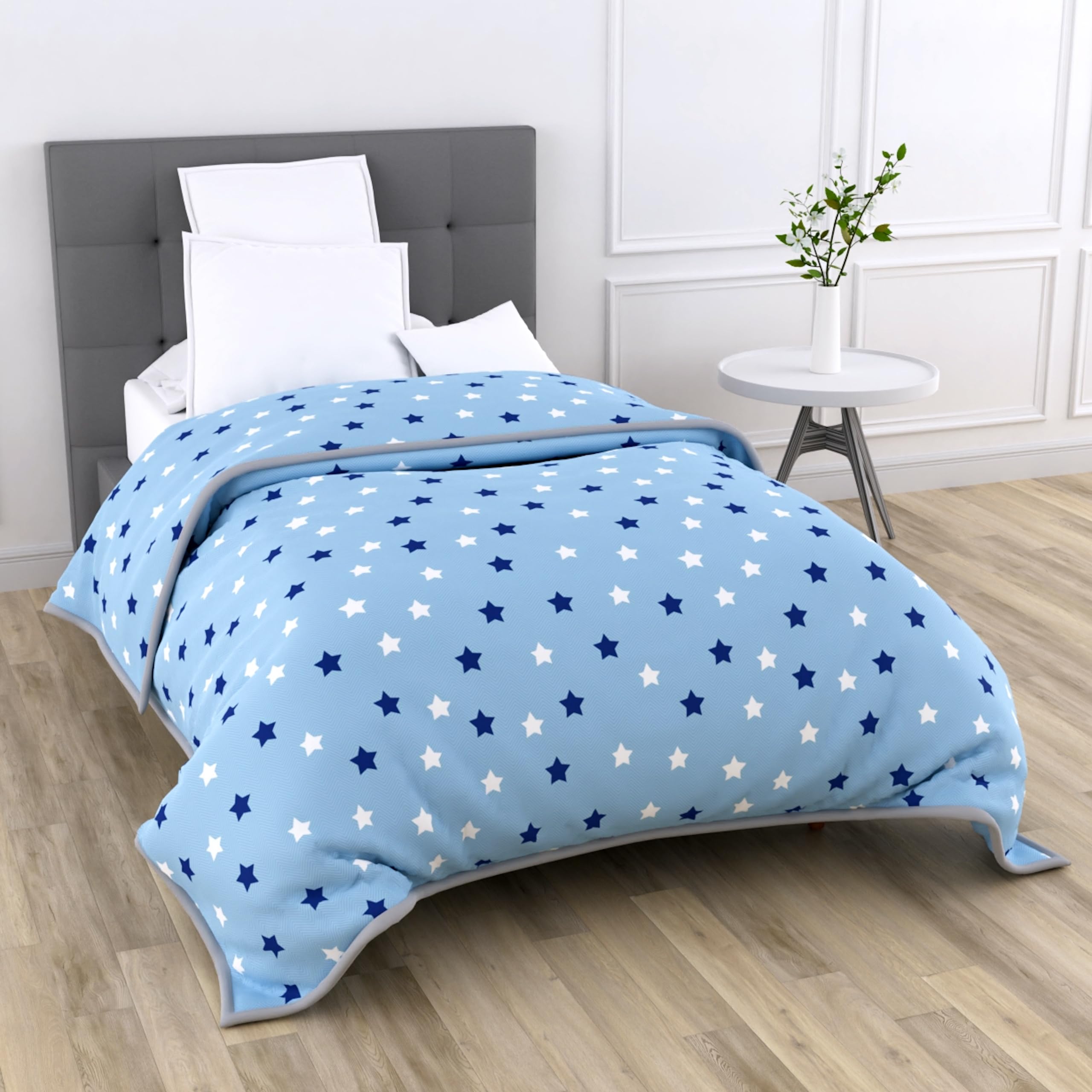 LORETO - A QUALITY LINEN BRAND 100% Pure Cotton Reversible Single Bed Blanket | Lightweight & Soft AC Dohar | Breathable & Skin-Friendly Quilt for All Seasons | 54x84 Inches, Nile Blue Stars