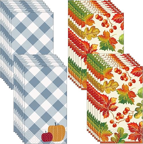 Unique Paquete de servilletas de otoño de Acción de Gracias, 16 servilletas de bayas y hojas y 16 servilletas de cuadros de calabaza azul (4.5 x