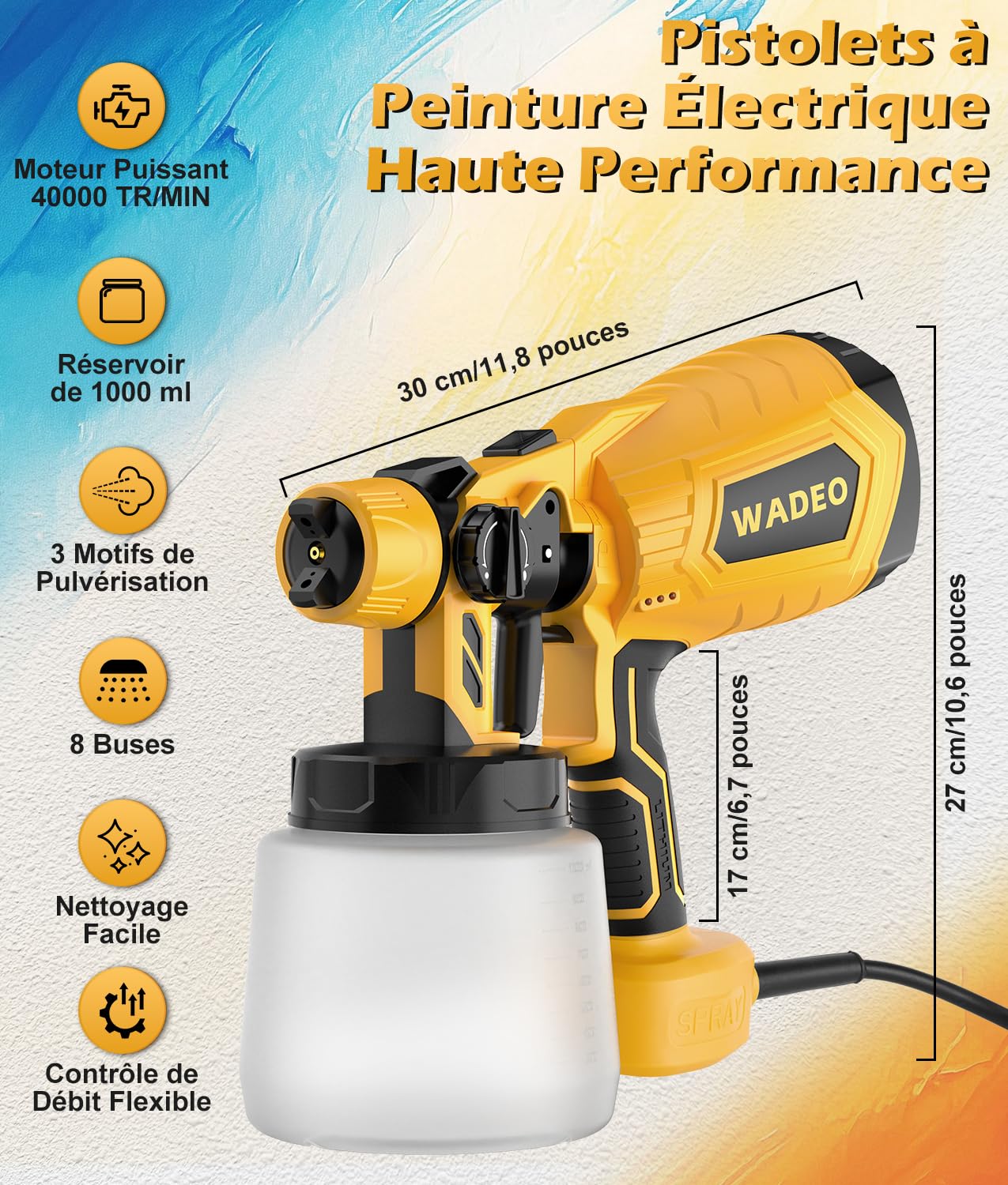 WADEO Pistolets à Peinture, [800W/1000ml/8 Buses/3 Modèles] - Pistolet à Peinture HVLP et Pulvérisateurs de Peinture pour Murs, Meubles, Portails, Plafonds, Jardins