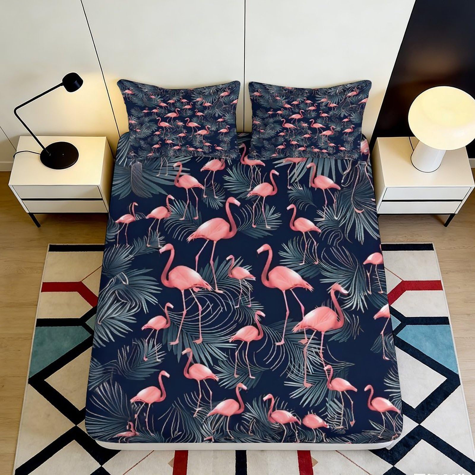 3D Printed Flamingo Pattern Fitted Sheet Microfiber Soft Breathable Tropical Leaves Bed Cover for Bedroom Dormitory Guest Room Mattress Protection 120x200x25cm