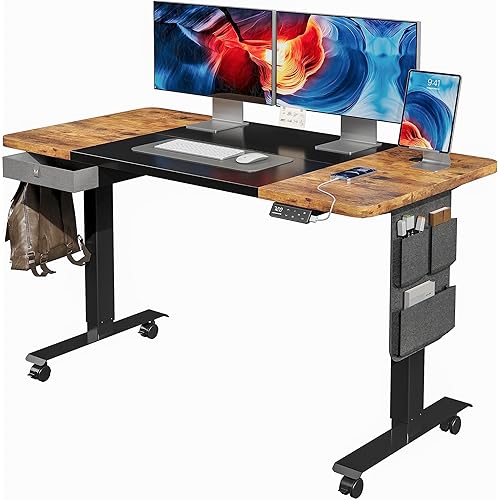 MAIDeSITe Standing Desk, Adjustable Height Electric Stand UP Desk with Drawers, Storage Bag, Cable Management Tray, Ergonomic Computer Desk for Home Office, 55 x 28 Inches, Rustic Brown+Black Top