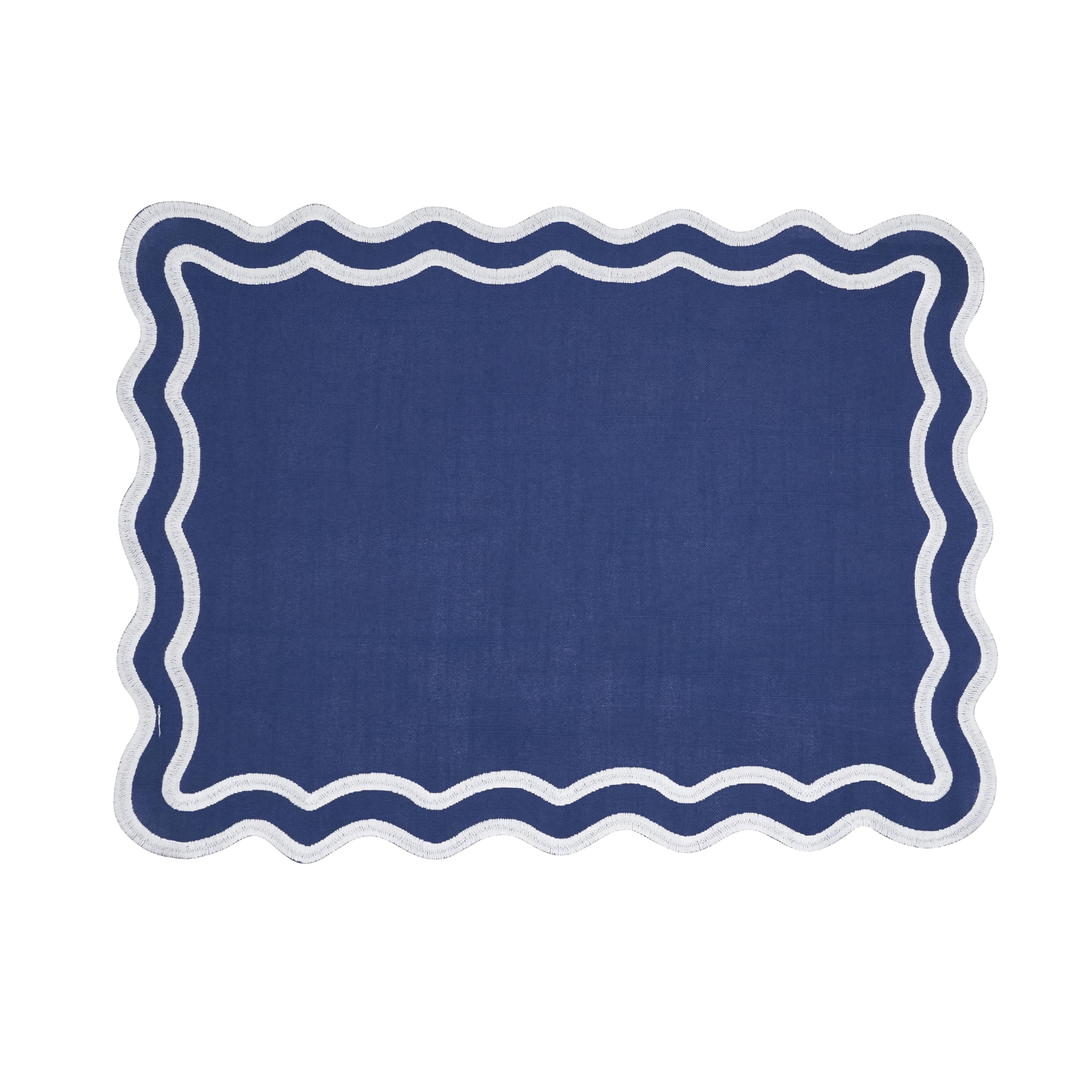 SARO LIFESTYLE Scalloped Embroidered Placemats (Set of 4) - Decorative Cotton Placemats for Everyday Dining, Casual Entertaining and Layered Table Styling, 14"x20", Navy Blue