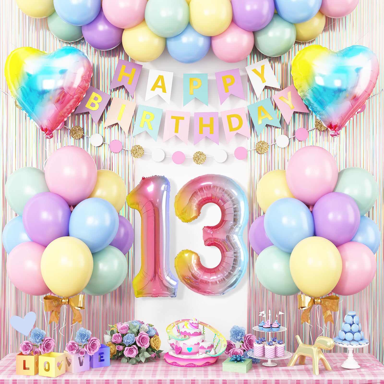 13th Birthday Decorations Rainbow,Gradient Number 13 Balloon,Pastel Happy Birthday Banner Fringe Curtain Heart Foil Balloons Boys Girls 13 Year Old
