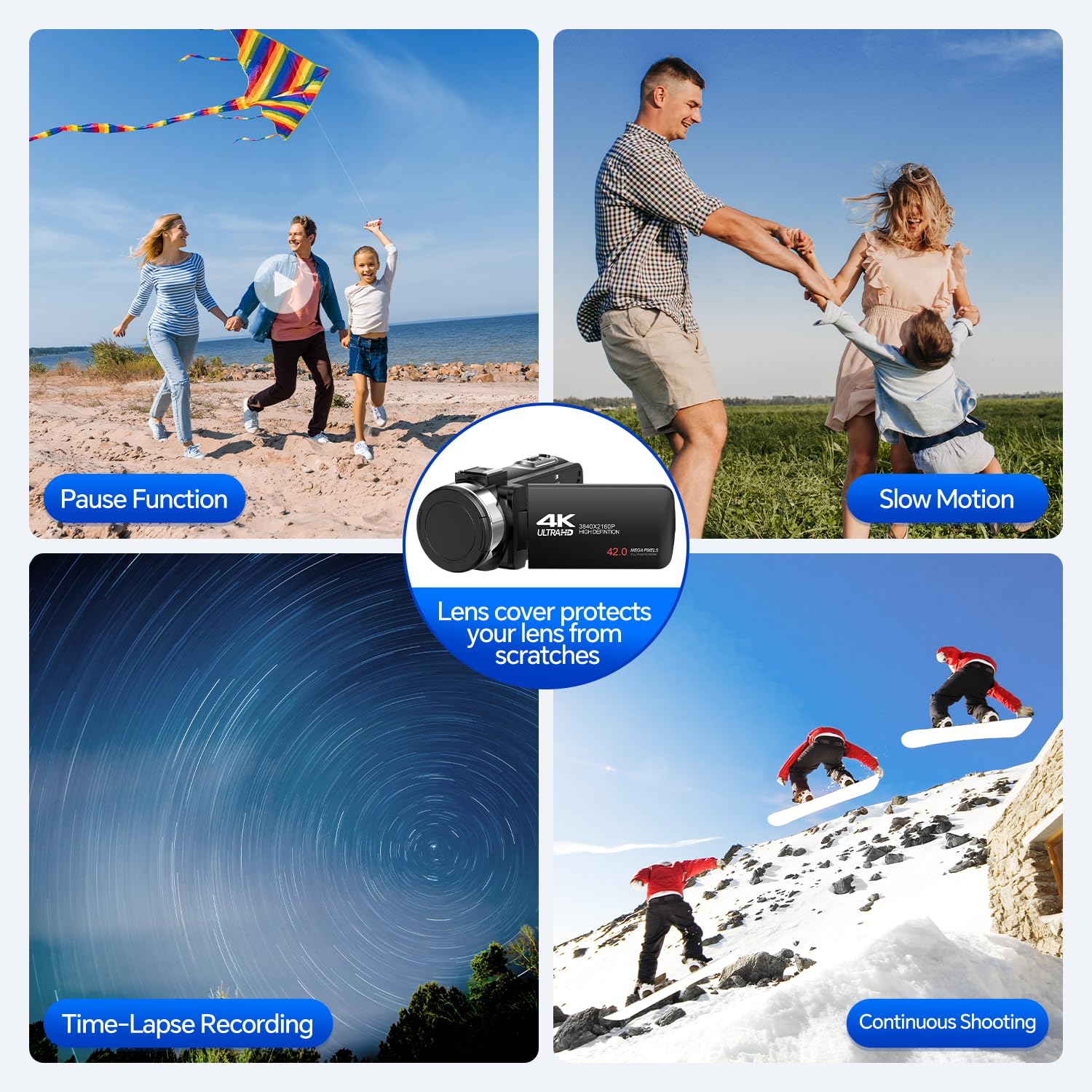 Videocámara 4K 42MP Camcorders 18X Zoom Digital Vlog Video Camera para Youtube, Pantalla Giratoria de 3.0" 270° Cámara Vlogging Youtube con Tarjeta SD de 32GB, Baterías, Luz de Relleno LED, Remoto