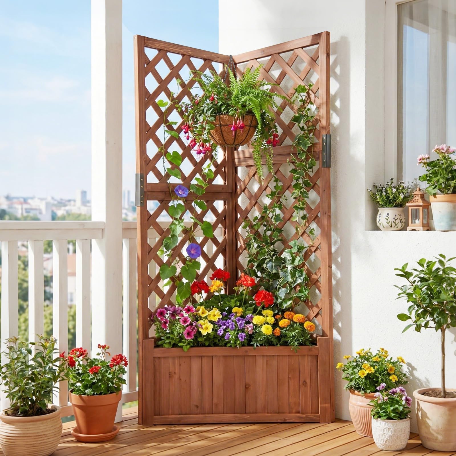 COSTWAY Letto da Giardino Rialzato ad Angolo con Traliccio e Fori di Drenaggio, Fioriera in Legno Elevata per Piante Rampicanti, Fiori e Verdure, Ideale per Interno ed Esterno (Marrone)
