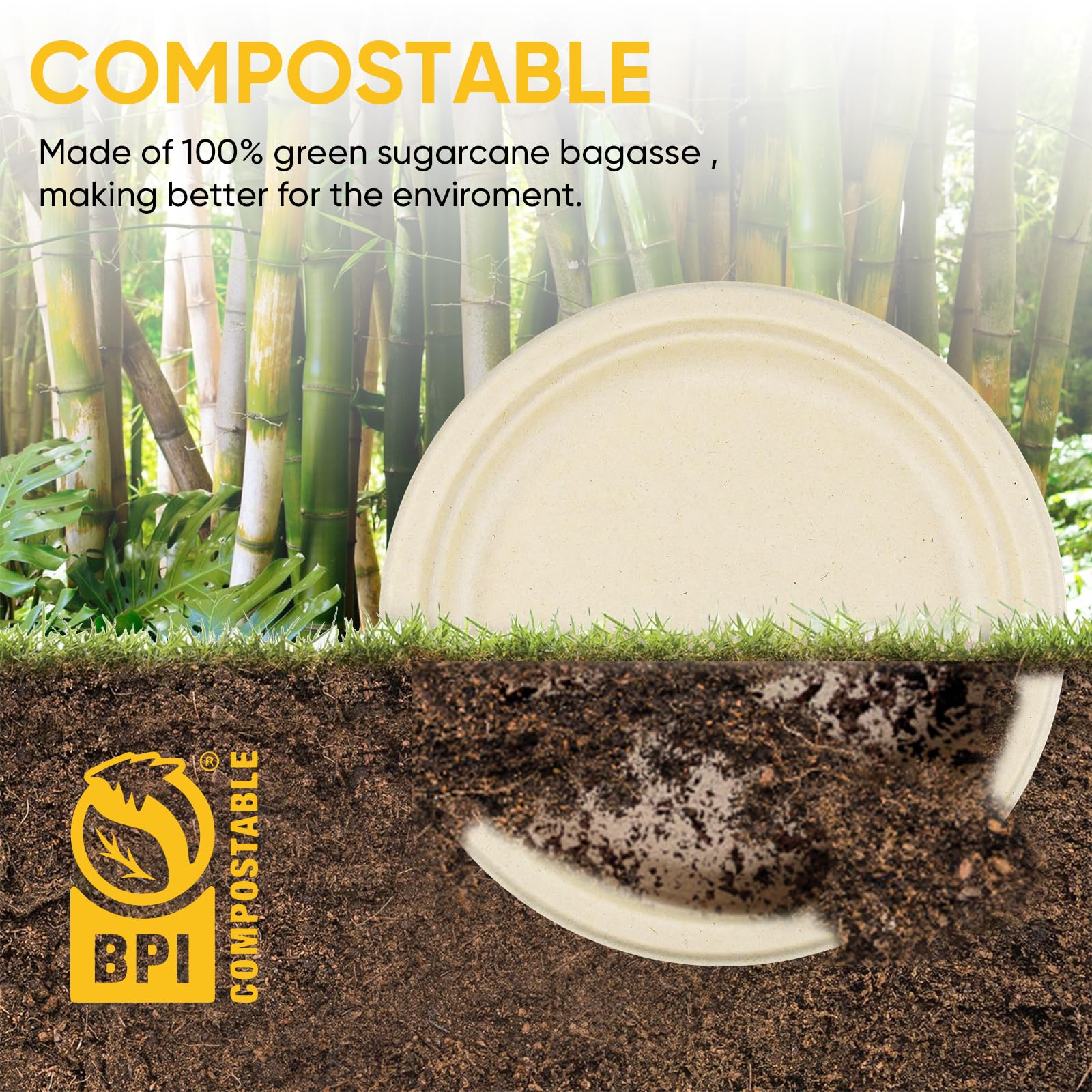 Jollliance Piatti di Carta 100% Compostabili, 23 cm - Resistenti, Confezione da 50, in Bagasso di Canna da Zucchero Naturale, Marrone, Monouso