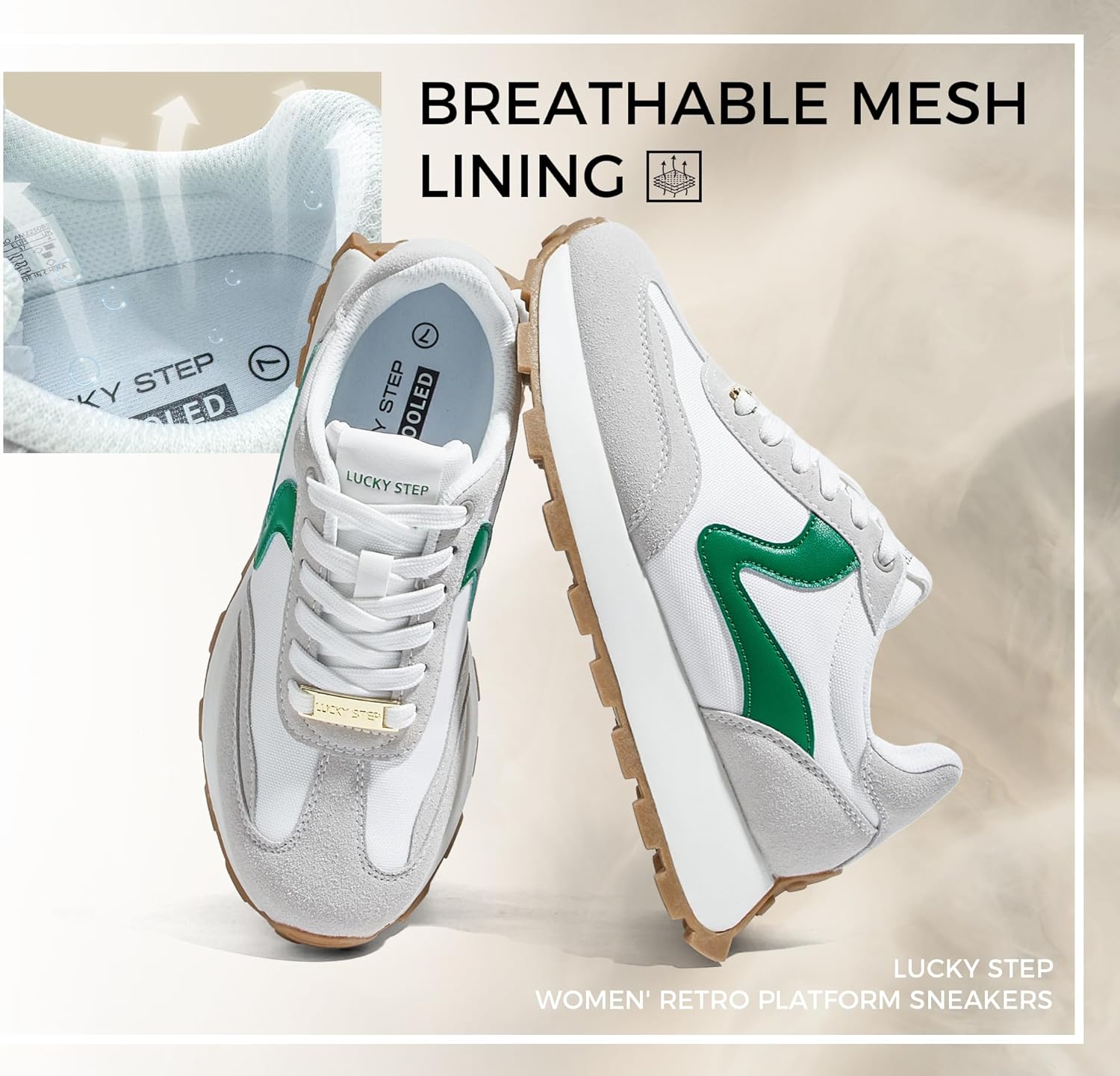 LUCKY STEP Women's Platform Retro Sneakers Classic Tennis Fashion Casual Anti-Slip Lace-up Walking Shoes Running Trendy Color Block Green Footwear - Image 6