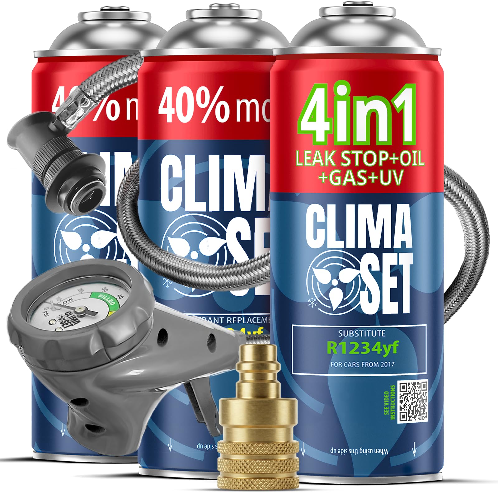CLIMASET - Kit de recarga de aire acondicionado para coche - 4 en 1 R1234yf + 2x G-R1234YF-CS-XL + manguera + adaptador YF - Para vehículos fabricados después de 2016, con una manguera moderna