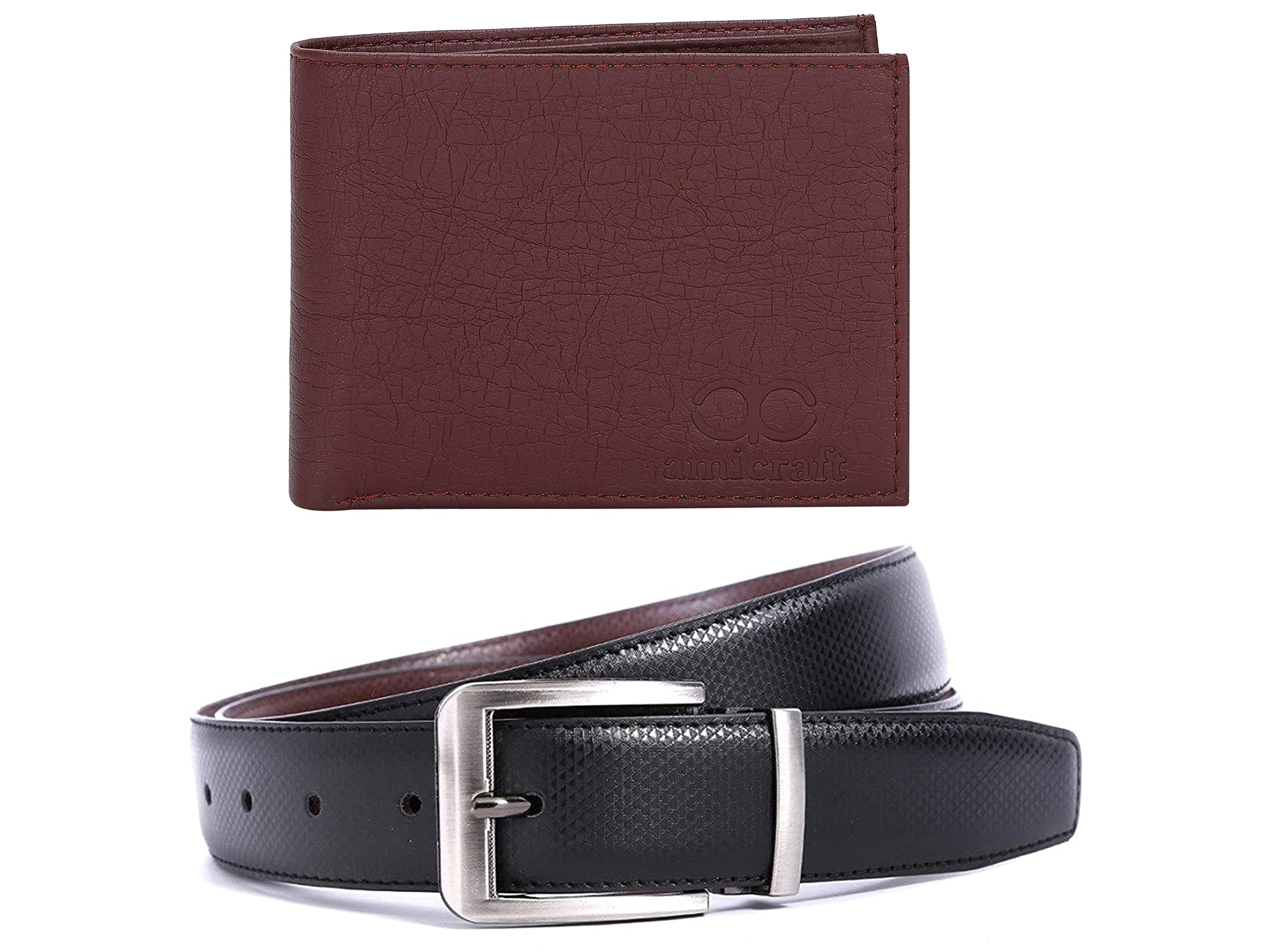 Amicraft Men's Pu Leather Combo Pack Of Wallet & Black/Brown Reversible Belt Gift set # Free Size Length upto 46 inch