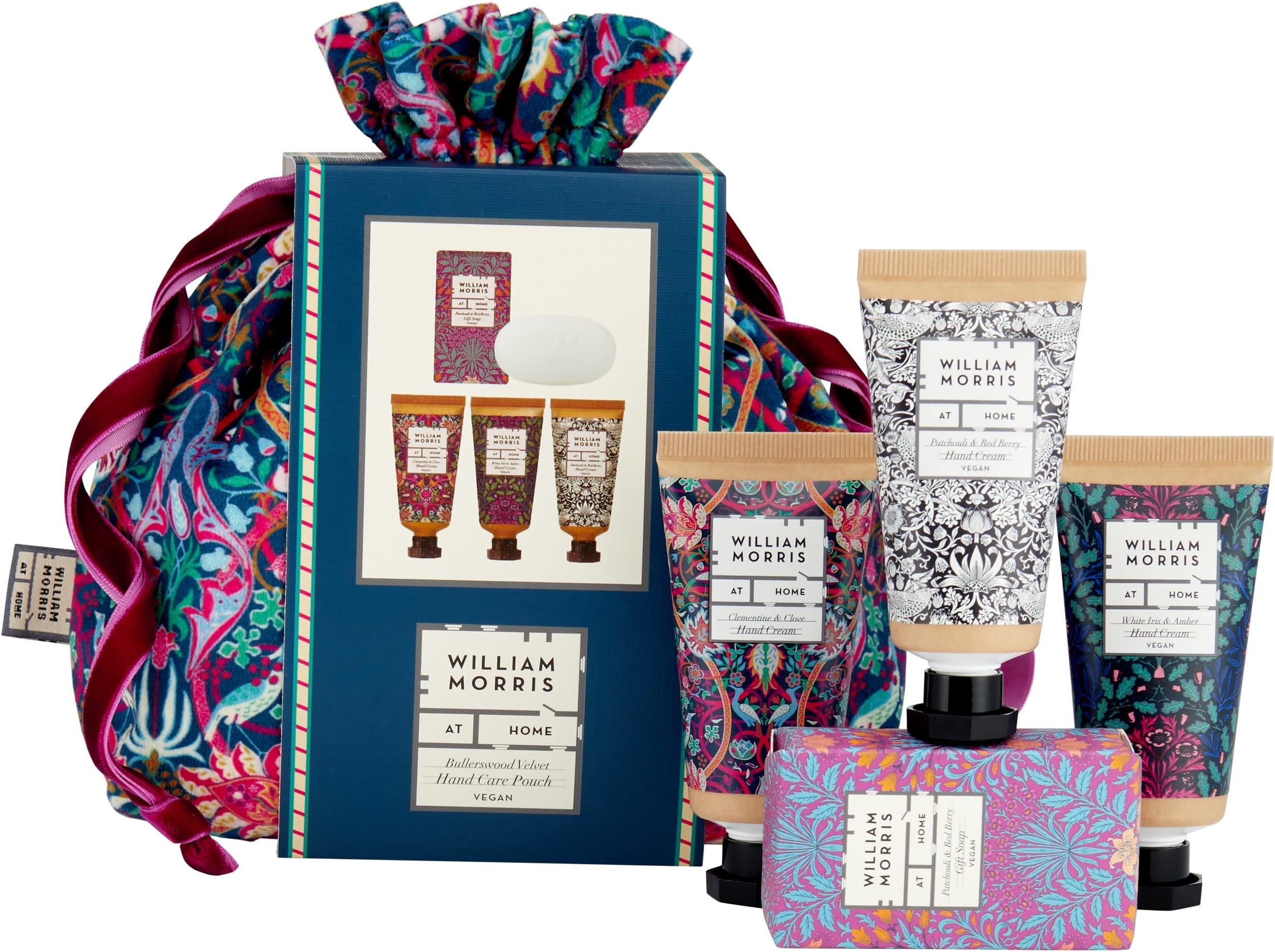William Morris At Home Velvet Pouch Gift Set | 30ml Hand Cream Trio & 50g Guest Soap | Enriched With Essential Oils | Stocking Filler | Vegan Friendly