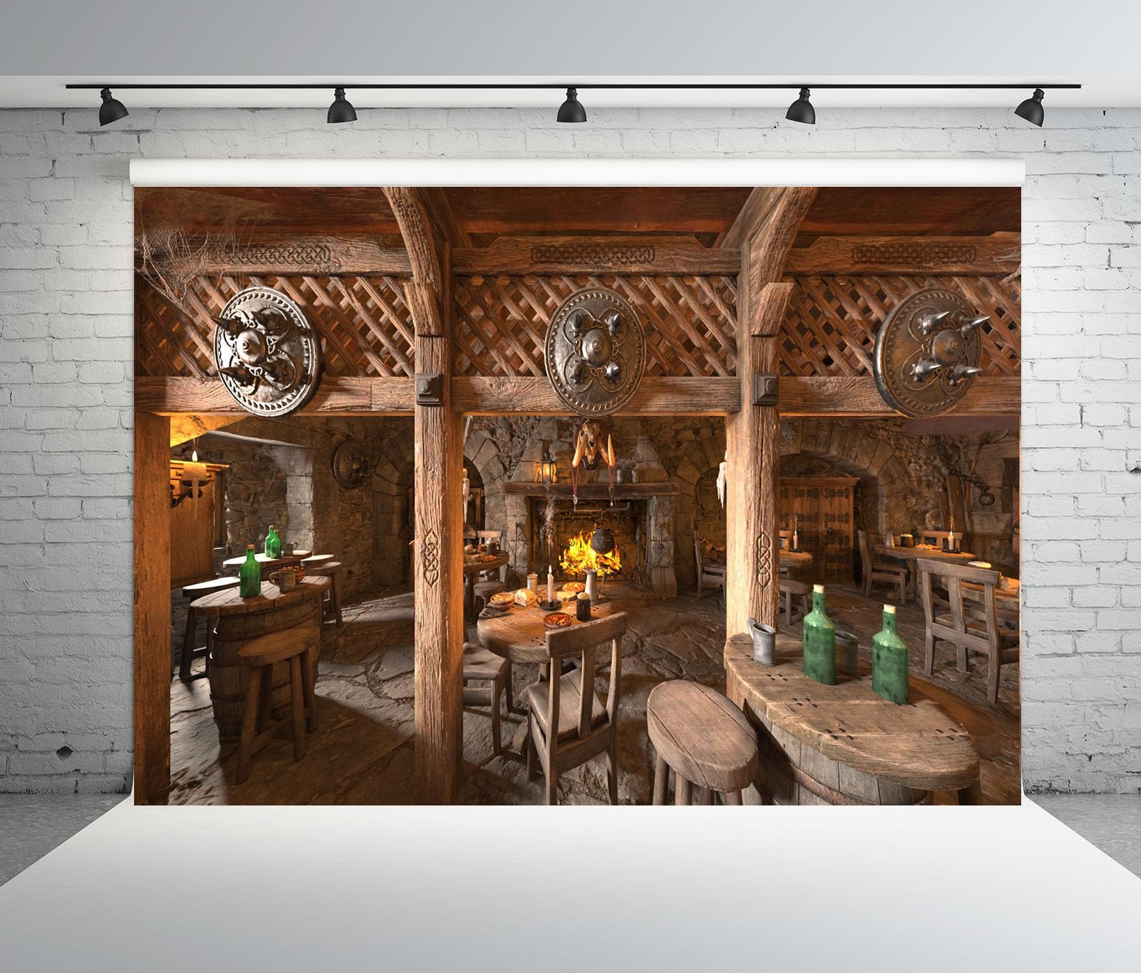 12x8FT (3.6x2.5m) Taverna Medievale Rustica Con Camino Sfondo Fotografico