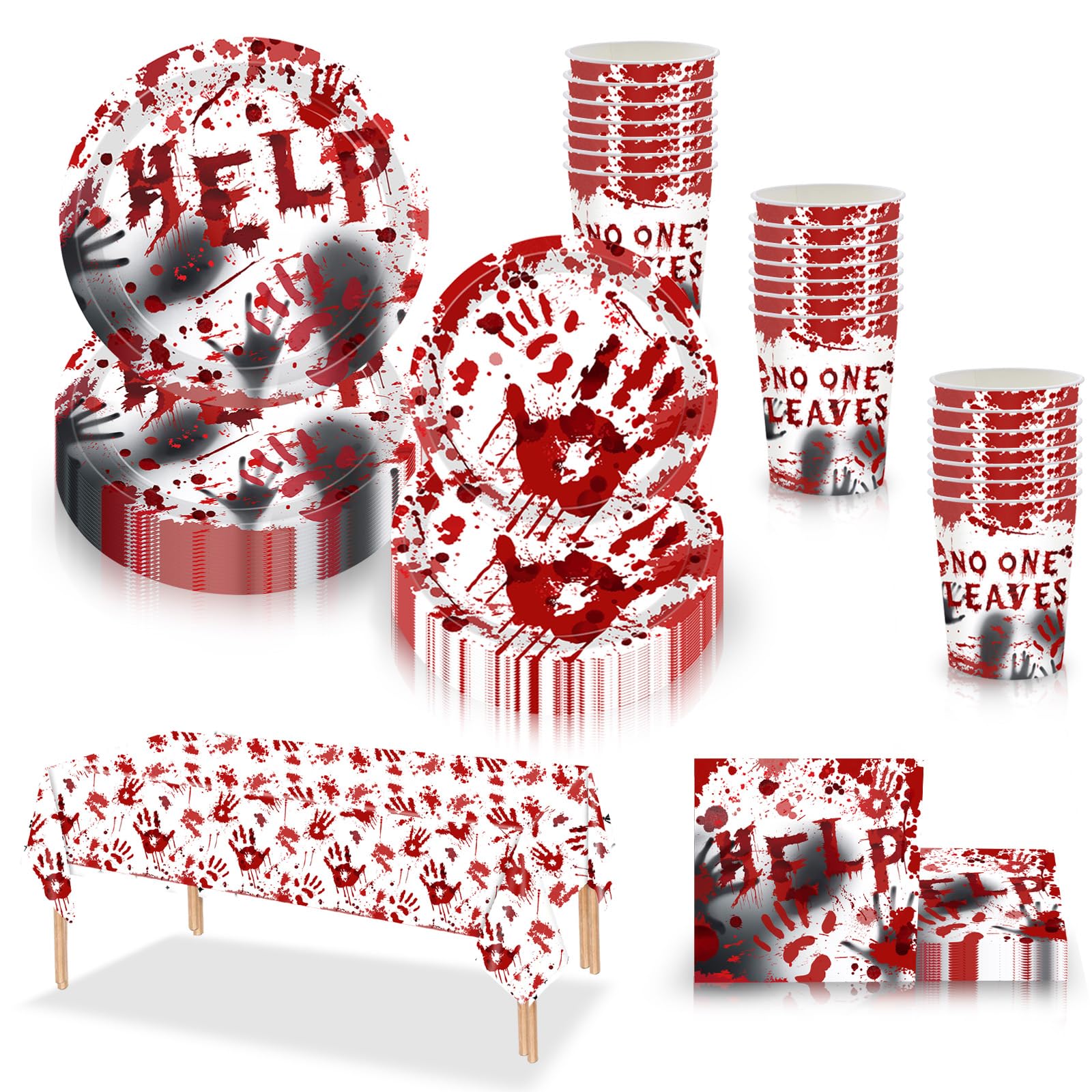 69pcs Halloween Party Tableware Disposable Dinnerware Set,Red Help Scary Handprint Halloween Tableware Decor Plastic Tablecloth,Paper Plates Napkins and Cups for Halloweens Party Table Decorations