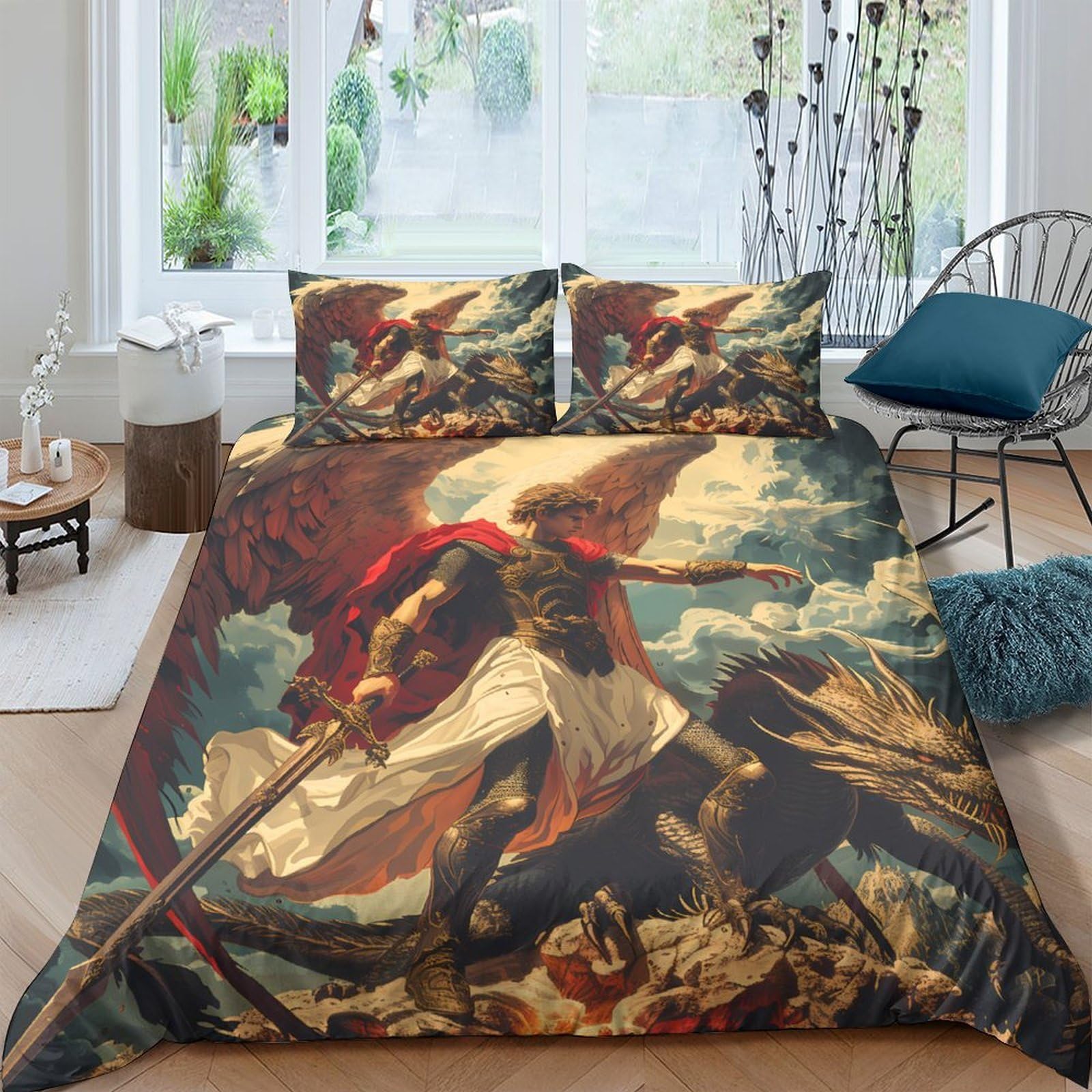 Ctjqhvkz Style-10 3D Printed Saint Michael Angel Fitted Sheet Microfiber Baroque Battle Bed Cover For Bedroom Dorm Mattress Decor Single（135X200cm）