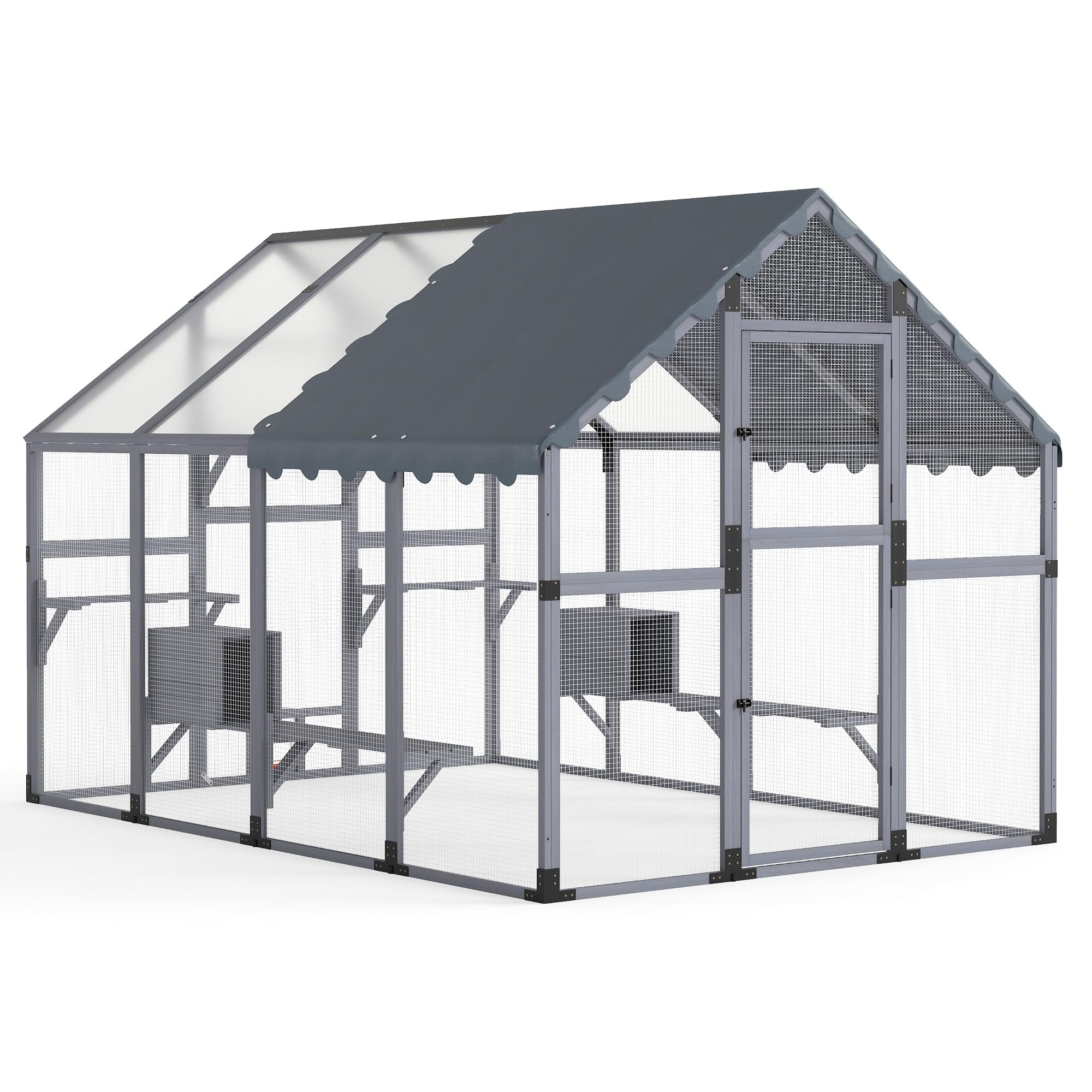 110" Large Catio Outdoor Cat Enclosure, Extra Large Outdoor Catio for Multiple Cats, 53.5ft² Big Wooden Walk-in Outside Cattery Cat Run with Weatherproof Full Cover, Grey (Grey)