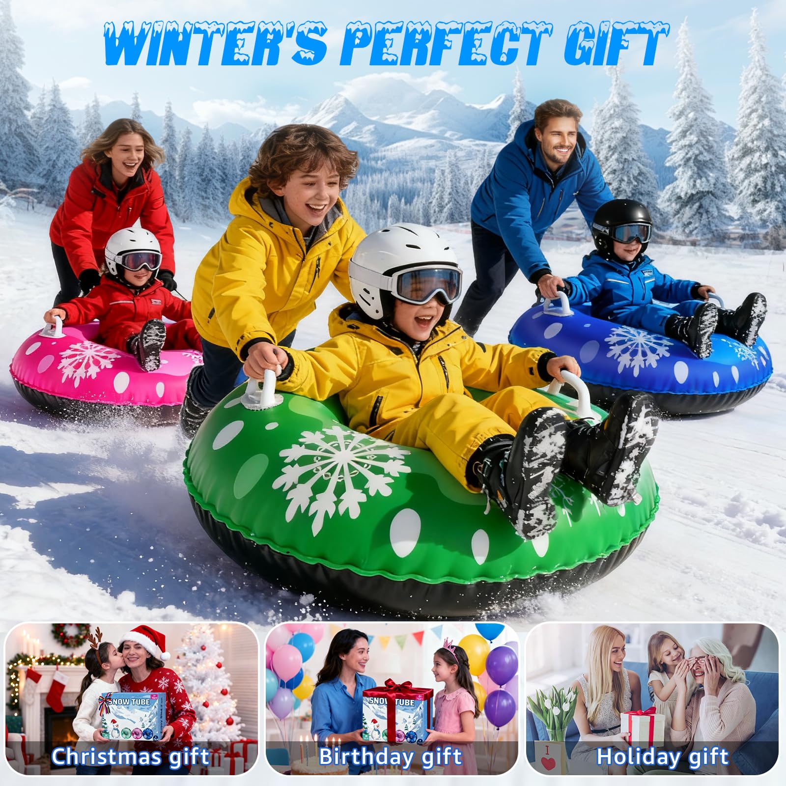 39'' Snow Tube Sled, 3Pack for The Whole Family Inflatable Snow Sled for Kids and Adult, Thickened Heavy Duty Sleds for Snow with Handles, Outdoor Winter Snow Toys for Boys Girls Tubing Sled Gift Set