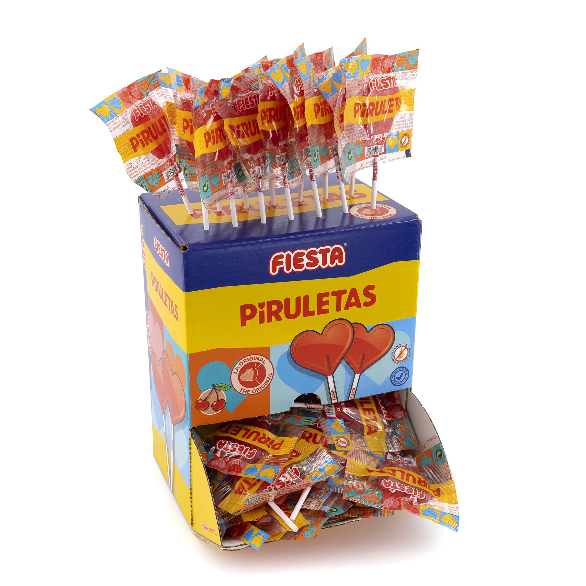 FIESTA Piruletas Caramelo Sabor Cereza Forma Corazón Caja 80 unidades